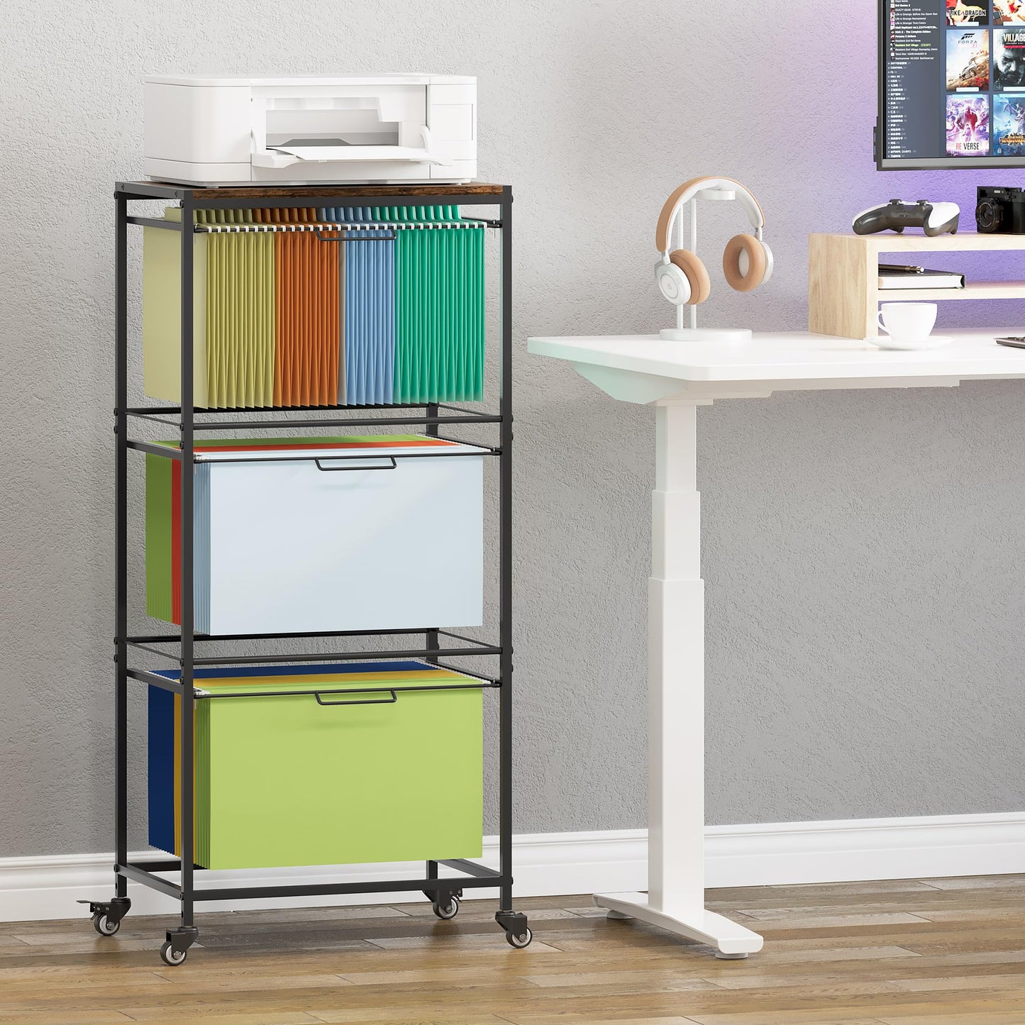 EasyPAG Rolling Hanging File Folder Cart, 3 Tier Metal Pull-Out File Rack for Letter and Legal Size Folders, Portable Filing Cart for Office Home, Black