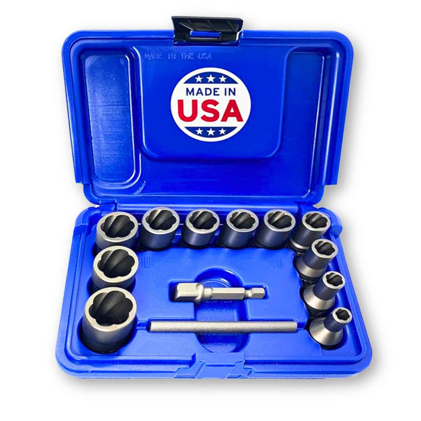 13 Piece Bolt Extractor Set | Made in USA Turbo Sockets for Stripped, Rounded, Frozen Bolts & Nuts | ⅜” Drive Impact Grade Lug Nut & Bolt Remover Kit | Nut Extractor Socket Set