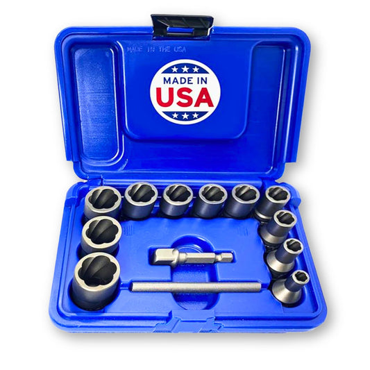13 Piece Bolt Extractor Set | Made in USA Turbo Sockets for Stripped, Rounded, Frozen Bolts & Nuts | ⅜” Drive Impact Grade Lug Nut & Bolt Remover Kit | Nut Extractor Socket Set