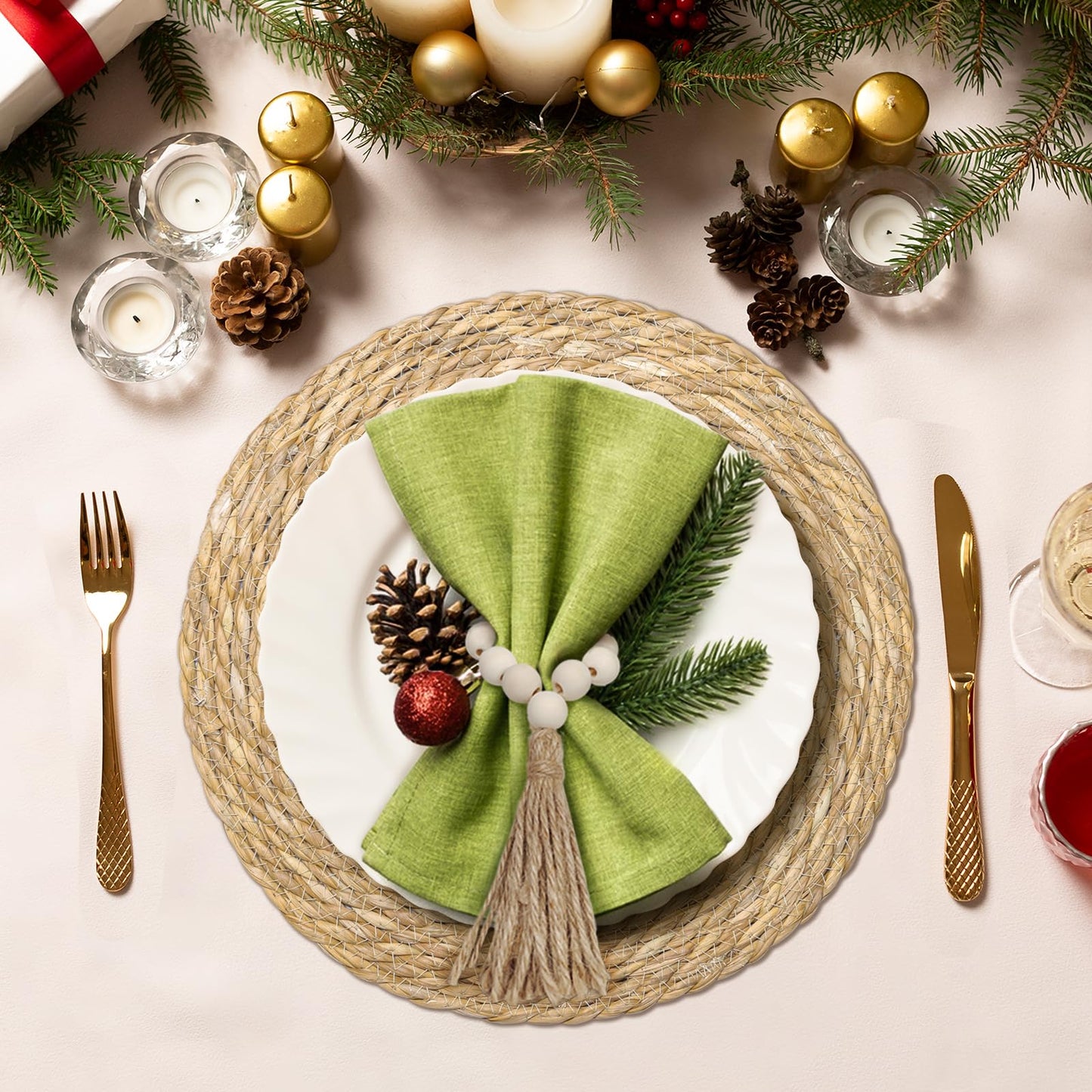 Hardcometrue Boho Woven Placemats Set of 10 with Wooden Napkin Rings, Round Charger Plates, Natural Ranttan Dinner Place Mats for Dining Table Decor - 13.8 inch