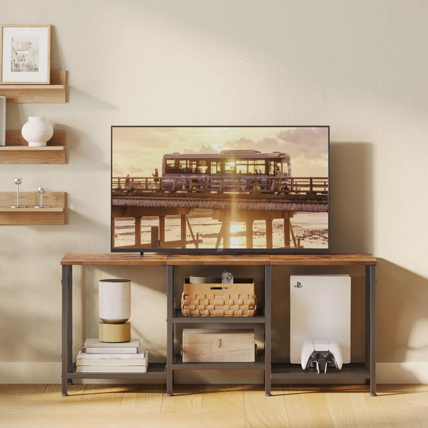 JARHETUN TV Stand for 55 Inch TV, Entertainment Center with 3-Tier Open Shelves, TV Console Table for Living Room, Bedroom, Rustic Brown