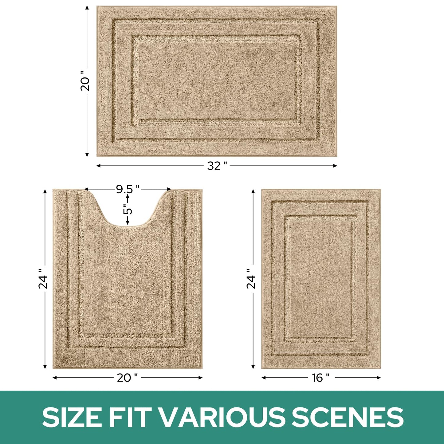 HOMEIDEAS Bathroom Rugs Sets 3 Piece, Super Soft and Absorbent Non Slip Microfiber Toilet Bath Mat with U-Shaped for Bathroom, Farmhouse (Khaki)