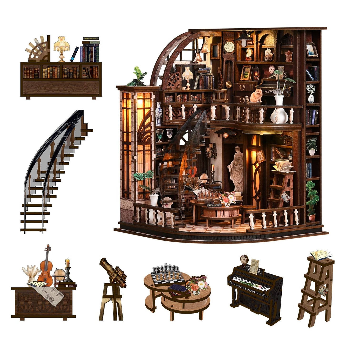 obzergem Book Nook Kit (Bacchus Bookstore) DIY Miniature Wooden Puzzle, Vintage Book Room with LED Lighting, Book Nook Kits for Adults, Bookshelf Miniature, Birthday Presents