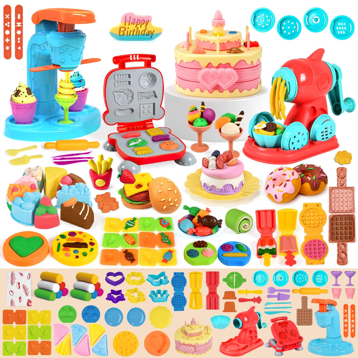 Aprilwolf - 70 Pieces 4 in 1 Set for Kids Ages 3-4-8, Dough Tool Kit for Crafts, Ice Create, Noodles, Burgers, Cake, Kitchen Creations, Kids Toys