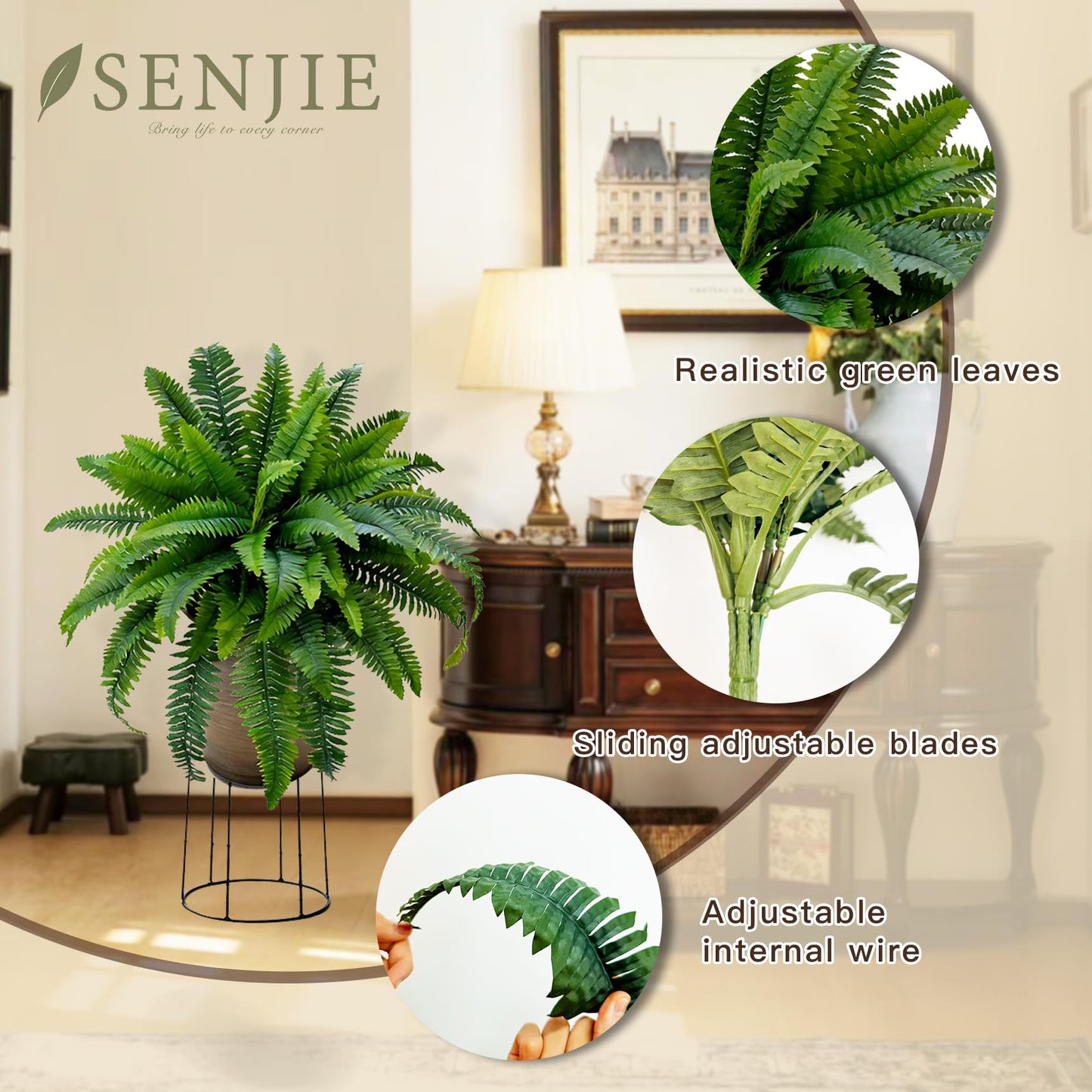 Senjie Artificial Boston Fern 4 Set 55 Branches Fake Ferns for Outdoors 32Inch Faux Plant for Home Living Room Office Decor