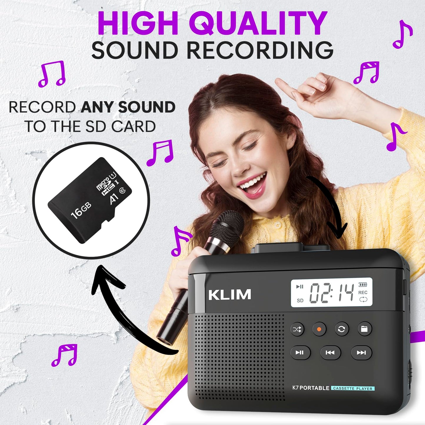 KLIM K7 Cassette Tape Player + Cassette to MP3 Converter + Portable Cassette Player + Walkman Cassette Player + Built-in Microphone & Speaker + Rechargeable Battery + Earphones + 16GB SD Card