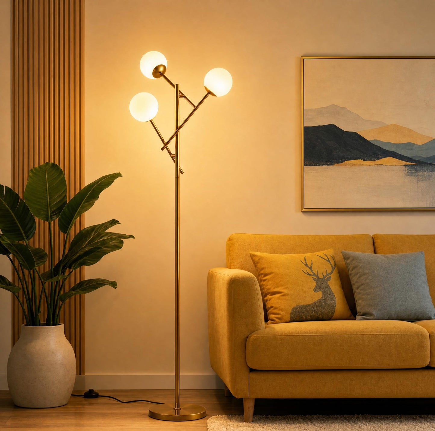 Fiqevs 3-Globe Floor Lamp - Adjustable Mid Century Modern Stand Lamp with Warm White LED Bulbs for Living Room, Bedroom - Antique Brass/Gold
