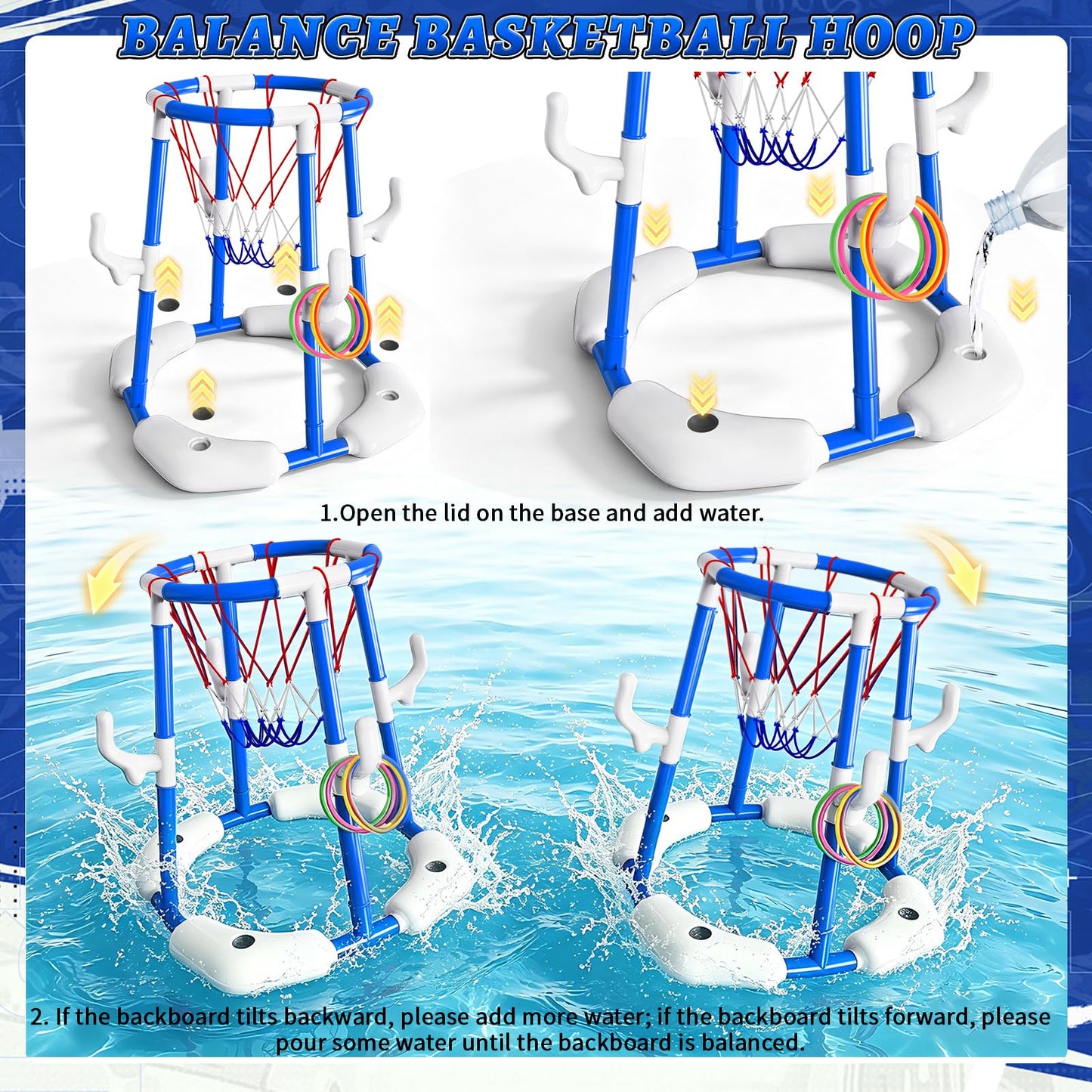 Sitodier Pool Basketball Hoop, 4-in-1 Floating Basketball Hoop with Rings Game Shooting Game and Sticky Balls for Family Party, Outdoor Swimming Pool Games Summer Water Sports Toy for Kids Age 3-12