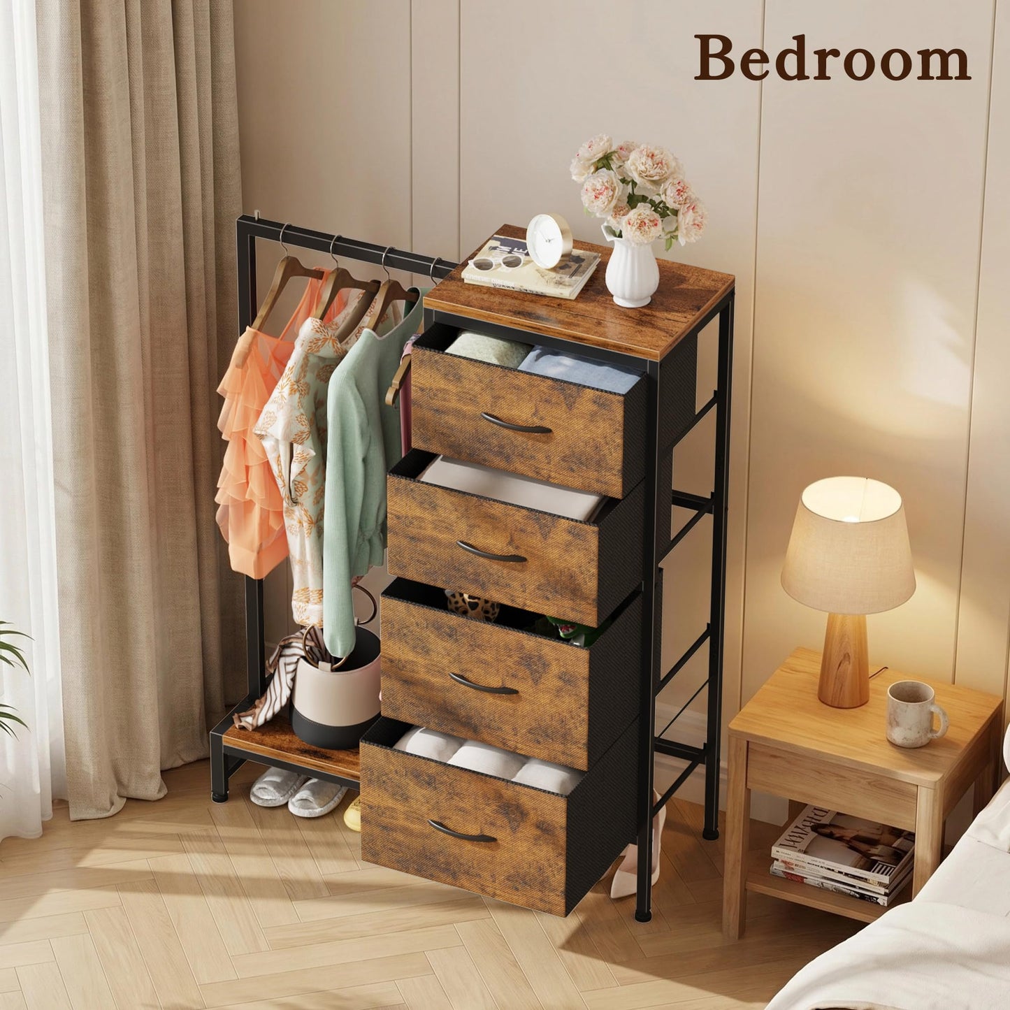 HIGDBFE Dresser with Hanging Rack, 4 Drawers Small Closet for Bedroom, Reversible Fabric Kids Chest of Drawers with Clothes Rack, Tall Storage Tower, Sturdy Frame, Rustic Brown, 44''H
