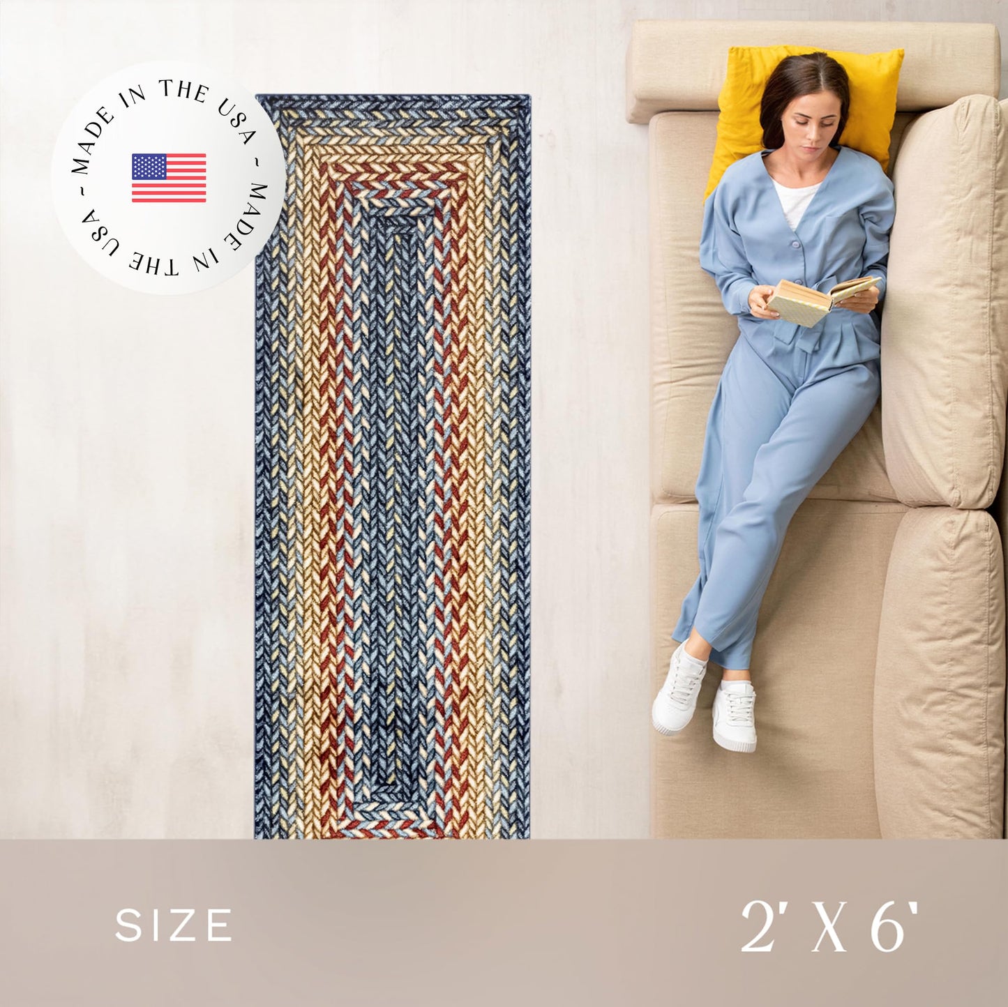 Maples Rugs Marion Bohemian Braided-Style Print Runner Rug – Made in USA – Washable, Non-Slip Indoor Runner for Hallway, Kitchen, and Laundry Room, 2' x 6', Multi-Color