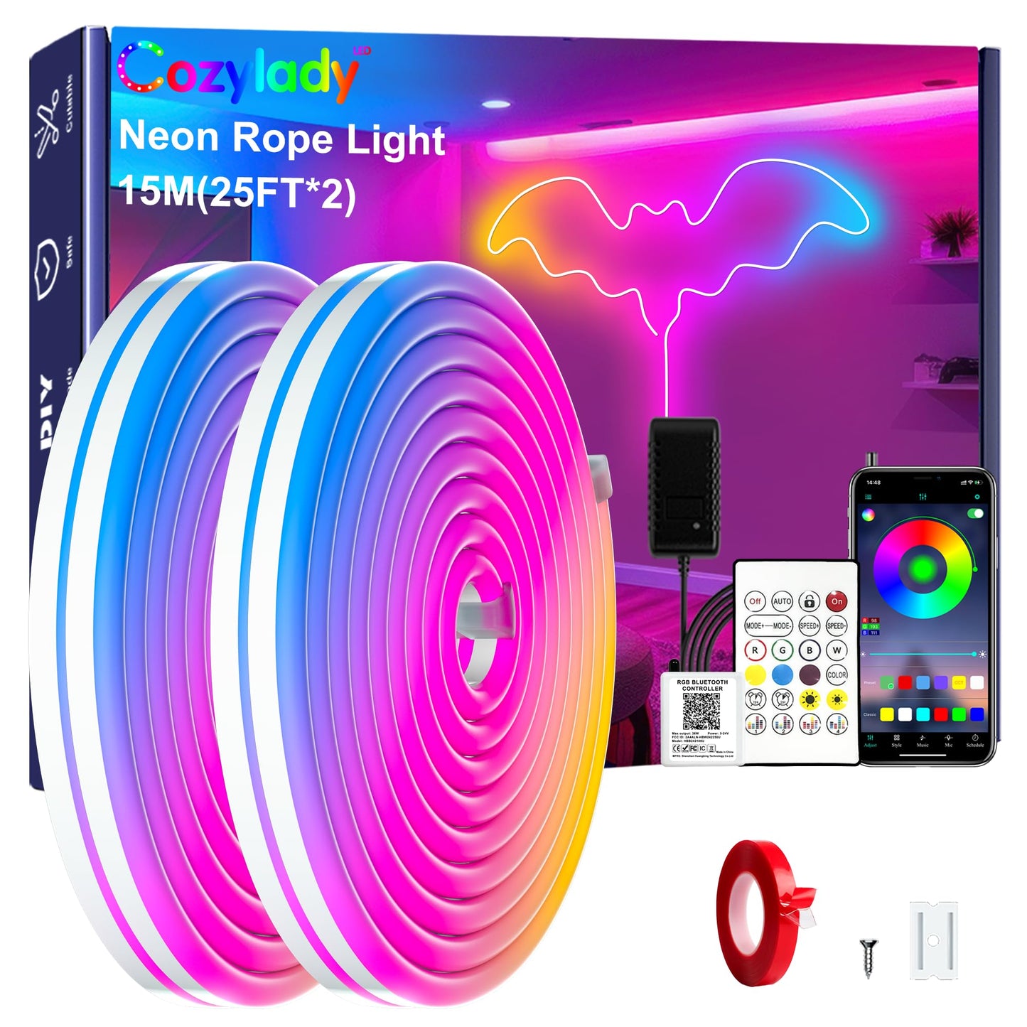 Cozylady RGB Neon Light LED Rope Light,Waterproof Bluetooth APP Remote Control Music Sync Strip Light,24V Flexible DIY Silicone Light for Bedroom Home Indoor Outdoor Decoration