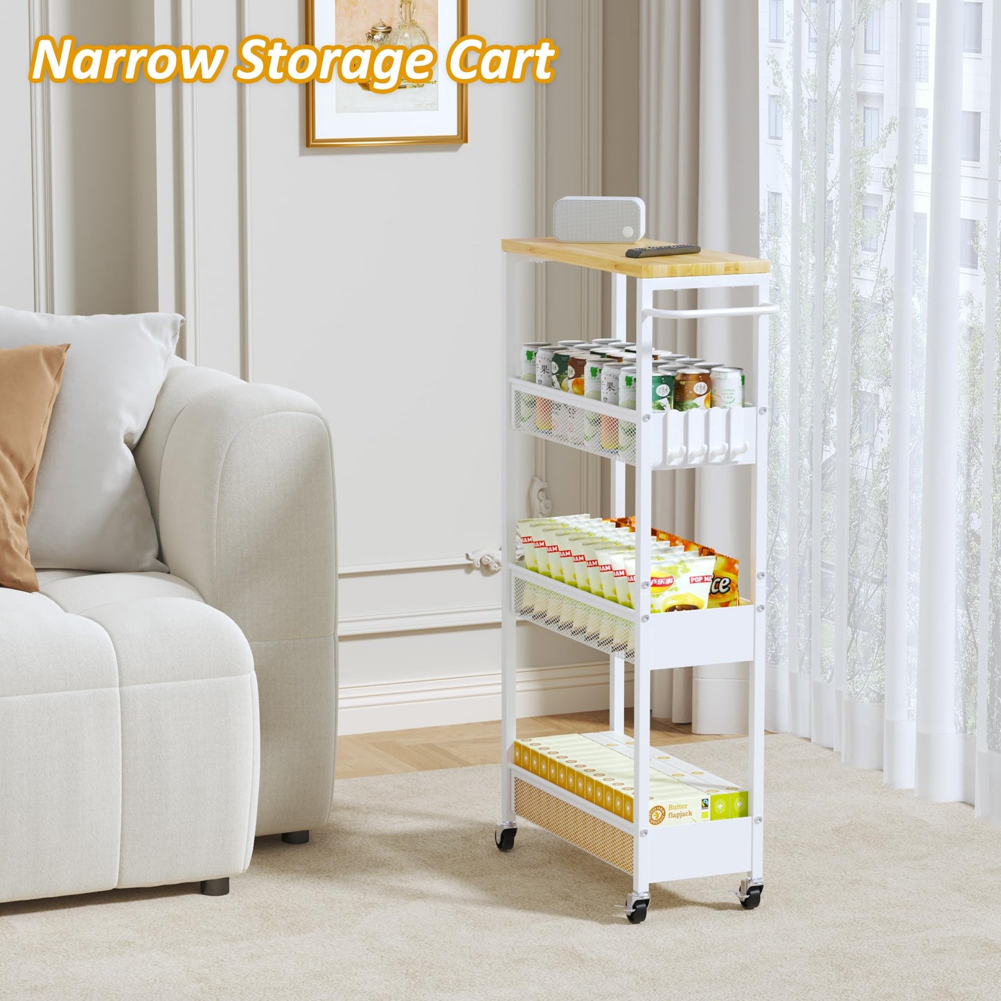 7.1" Wide Slim Storage Cart on Wheels, 4 Tier Metal Narrow Rolling Cart with Handle and Wood Top, Multifunctional Small Mobile Shelf Unit Organizer Trolley for Laundry, Bathroom, Kitchen