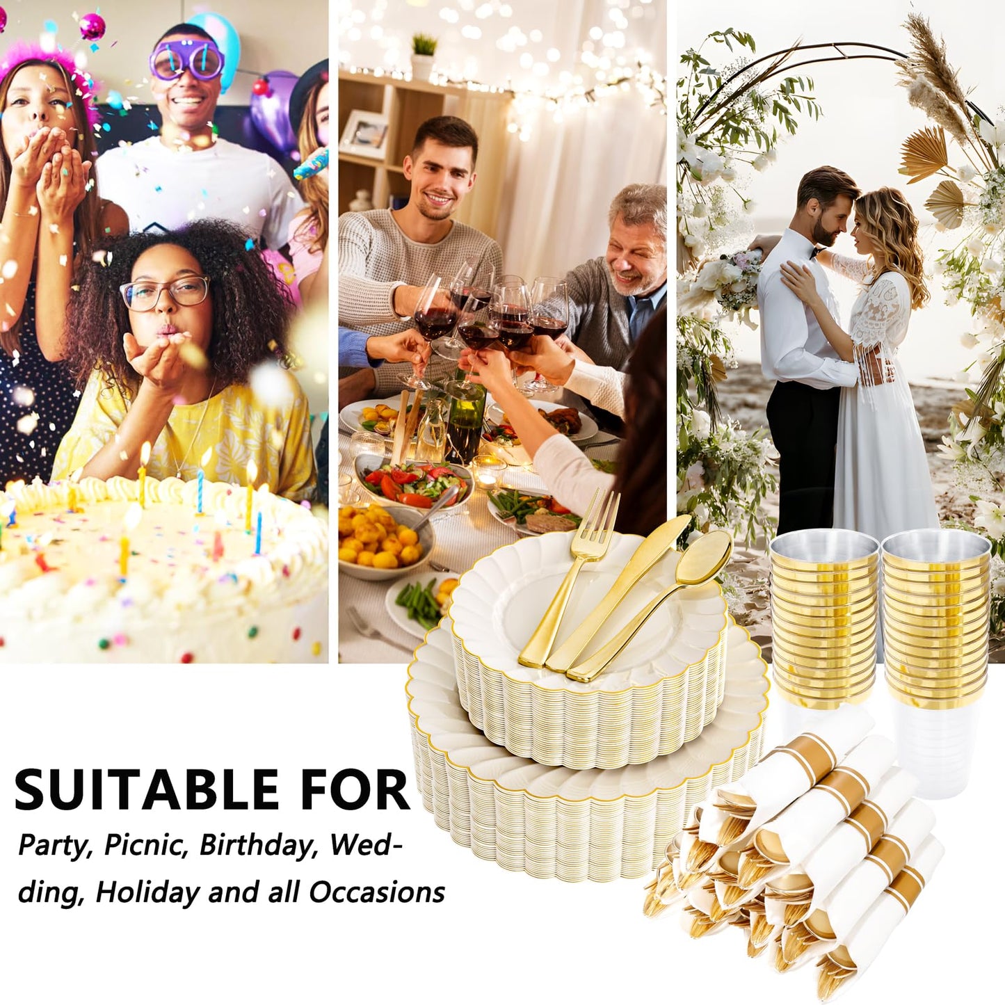 YOUBET 350PCS Ivory Scalloped Plastic Plates - Ivory and Gold Disposable Dinnerware Set Include 100 Plates, 150 Gold Silverware, 50 Cups, 50 Napkins for Wedding & Party