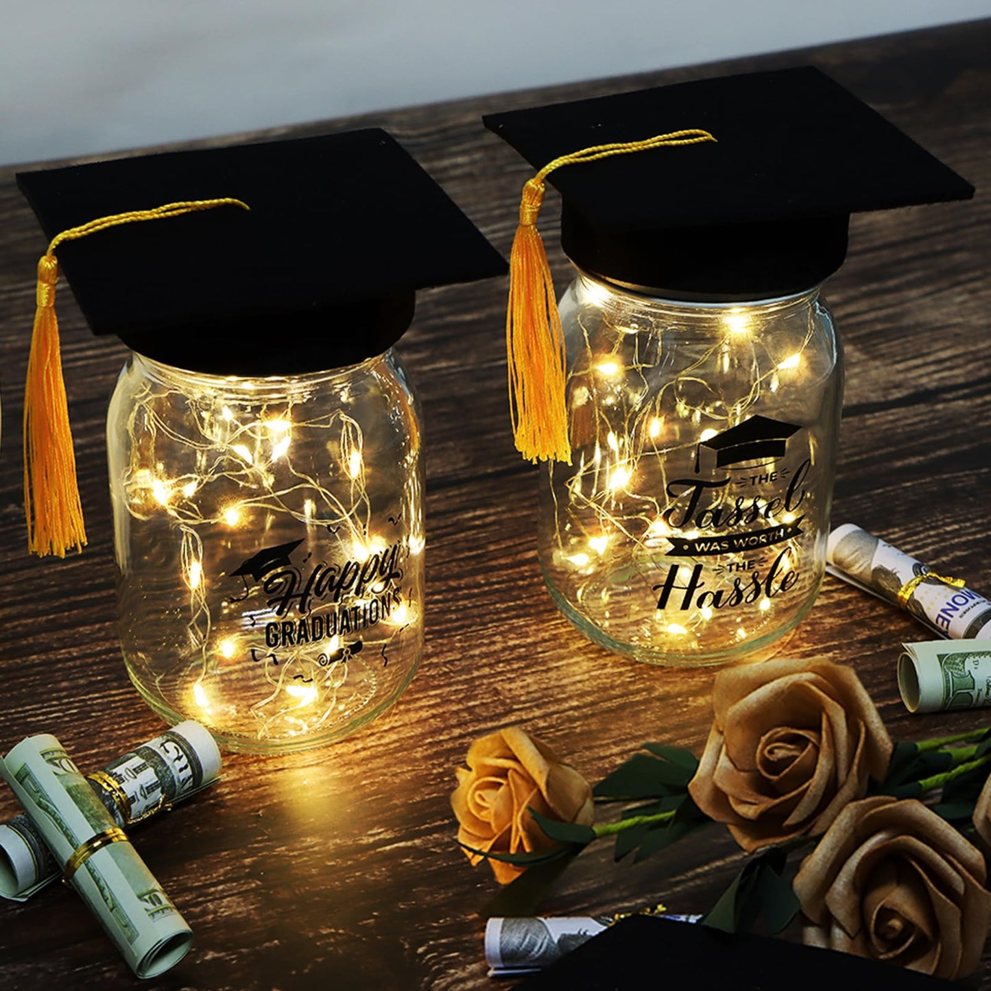 12 Sets 2026 Graduation Table Decoration with Lights, Light up Glass Mason Jars with Printed Designs for Class of 2026 Graduation Table Centerpieces Decor with Grad Hat for Congrats Grad Party Favor