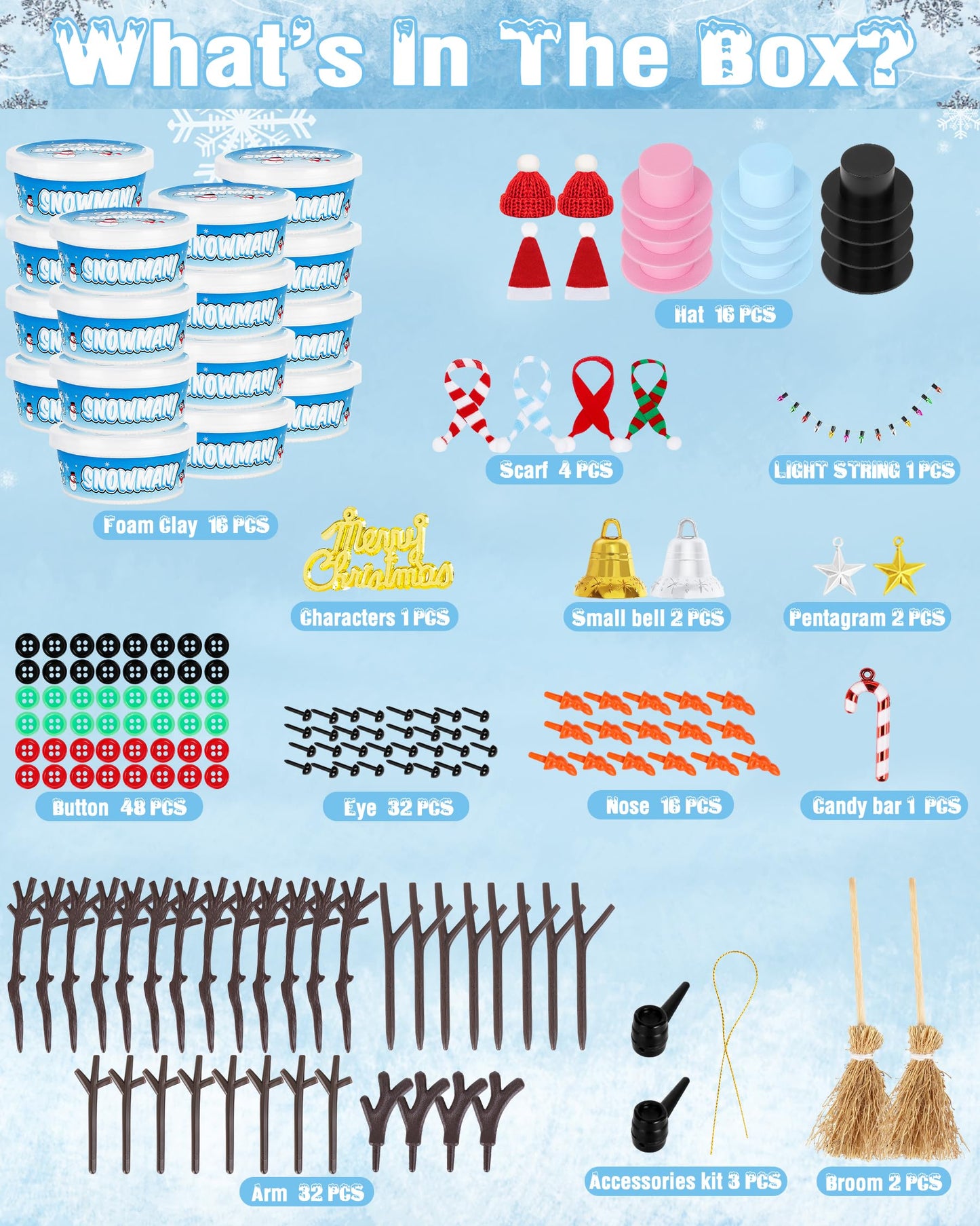 Pack of 16 Snowman Kit, Make a Snowman Craft Kit for Kids, Creative Christmas Crafts for Modeling Outdoor Dry Clay, Enhance Creativity, Christmas Gifts, Winter School, Christmas Creative Supplies