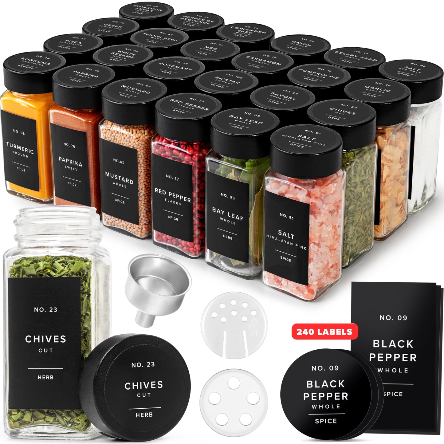 EDELHAUS® Square Spice Jars with Bamboo Wooden Lid (Pack of 24) Spice Jars with Shaker Insert and 240 Labels - Bamboo Lid Glass Container for Spice Organisation [4.3 in × 1.8 in]