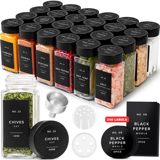 EDELHAUS® Square Spice Jars with Bamboo Wooden Lid (Pack of 24) Spice Jars with Shaker Insert and 240 Labels - Bamboo Lid Glass Container for Spice Organisation [4.3 in × 1.8 in]