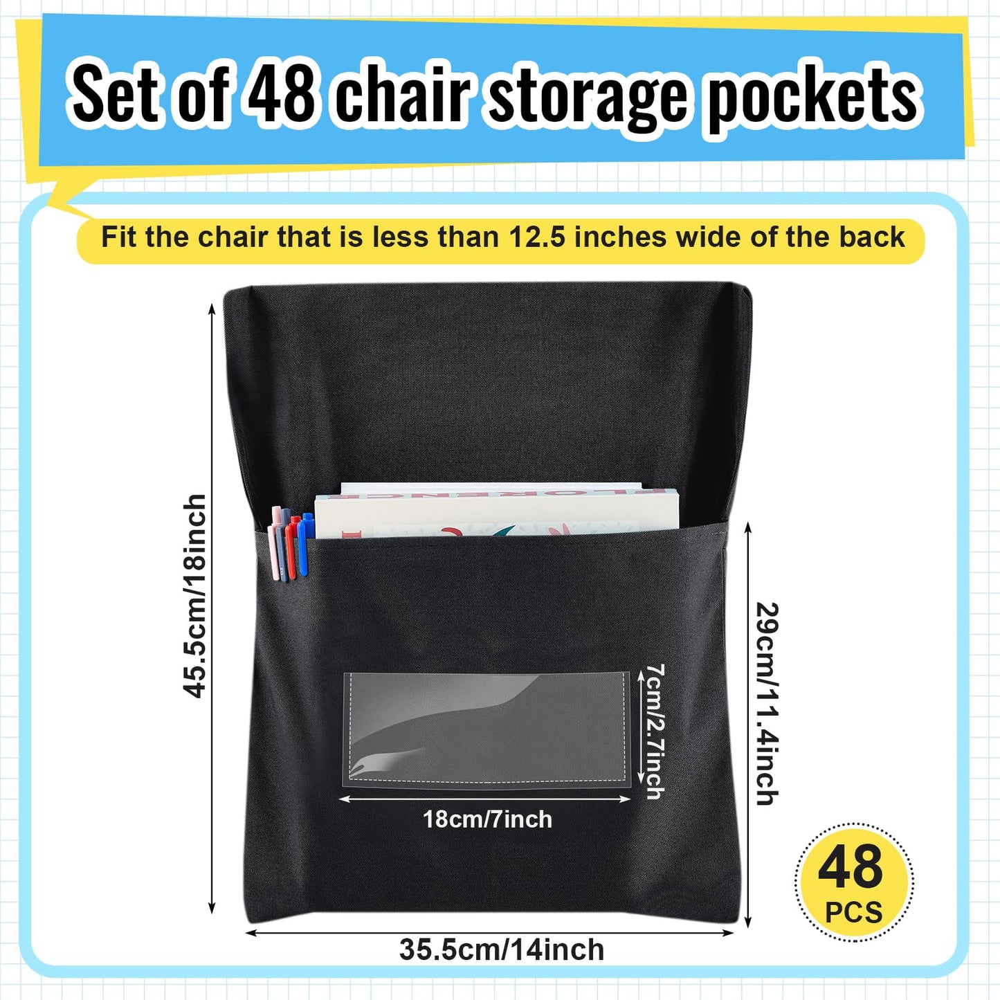 Chapou 48 Pcs Chair Pockets for Classroom 14 x 18'' Black Chairback Storage Pocket Seat Back Organizer 900d Oxford Over The Chair Chart with Name Slot for Student Back to School Classroom Office Home