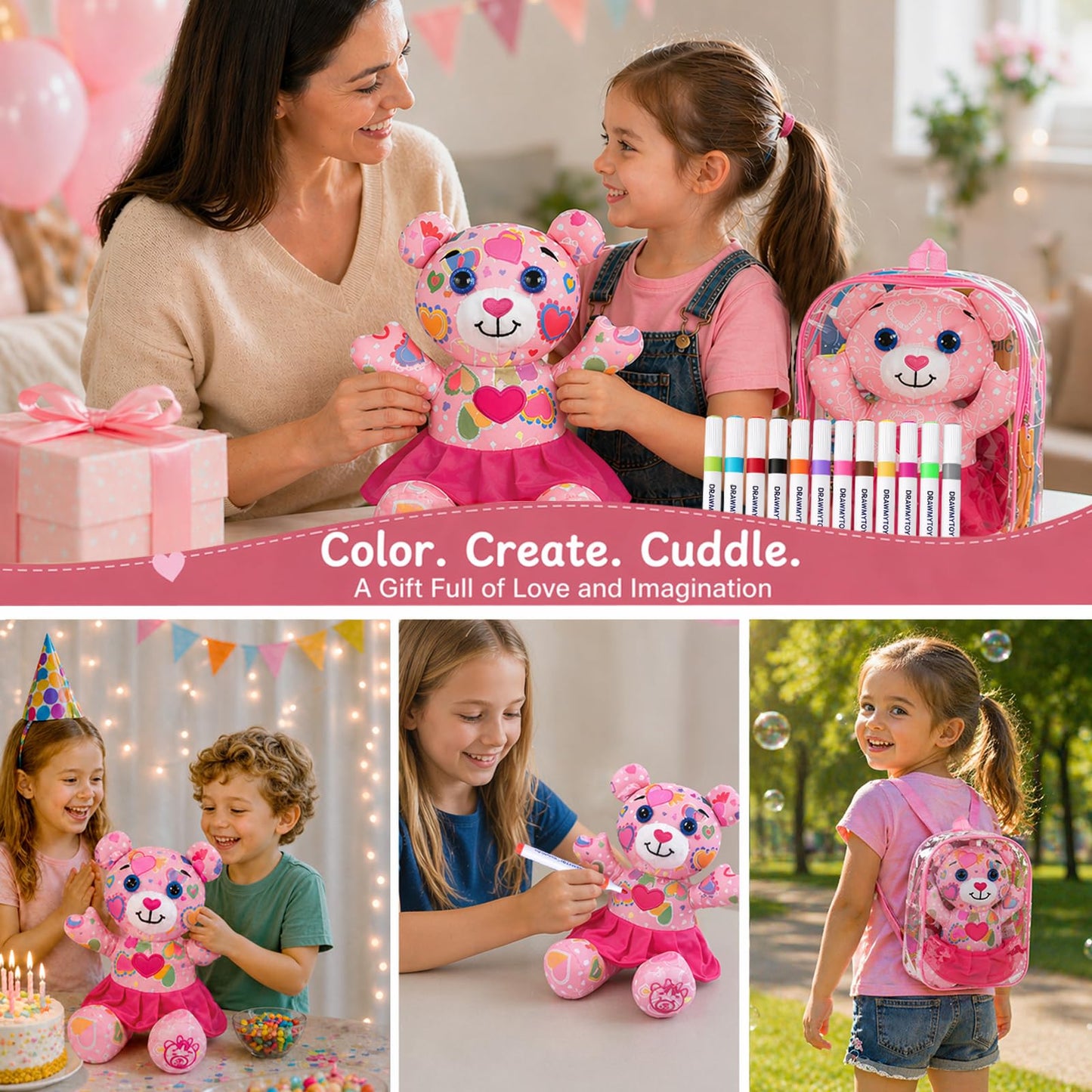 DIY Coloring Plush Toy with Washable Markers, Scribble Pets Stuffed Animal, Doodle Dolls Art Toy for Boys and Girls Ages 3-8, Birthday Gift (Pink Bear)