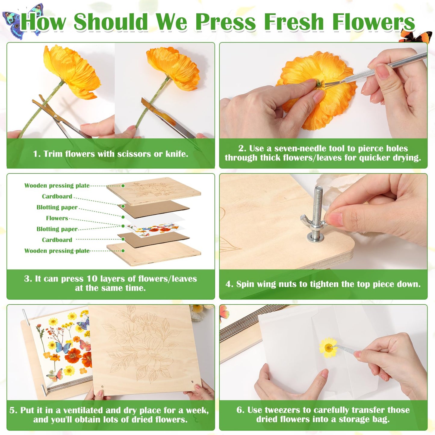11x11" Large Flowers Press Kit, 10-Layer Wooden Pressing Kit for Adults DIY Flower Preservation & Dried Flowers Art Bookmark Frame Wedding Flower Drying, Gift for Craft Lovers with Storage Bag