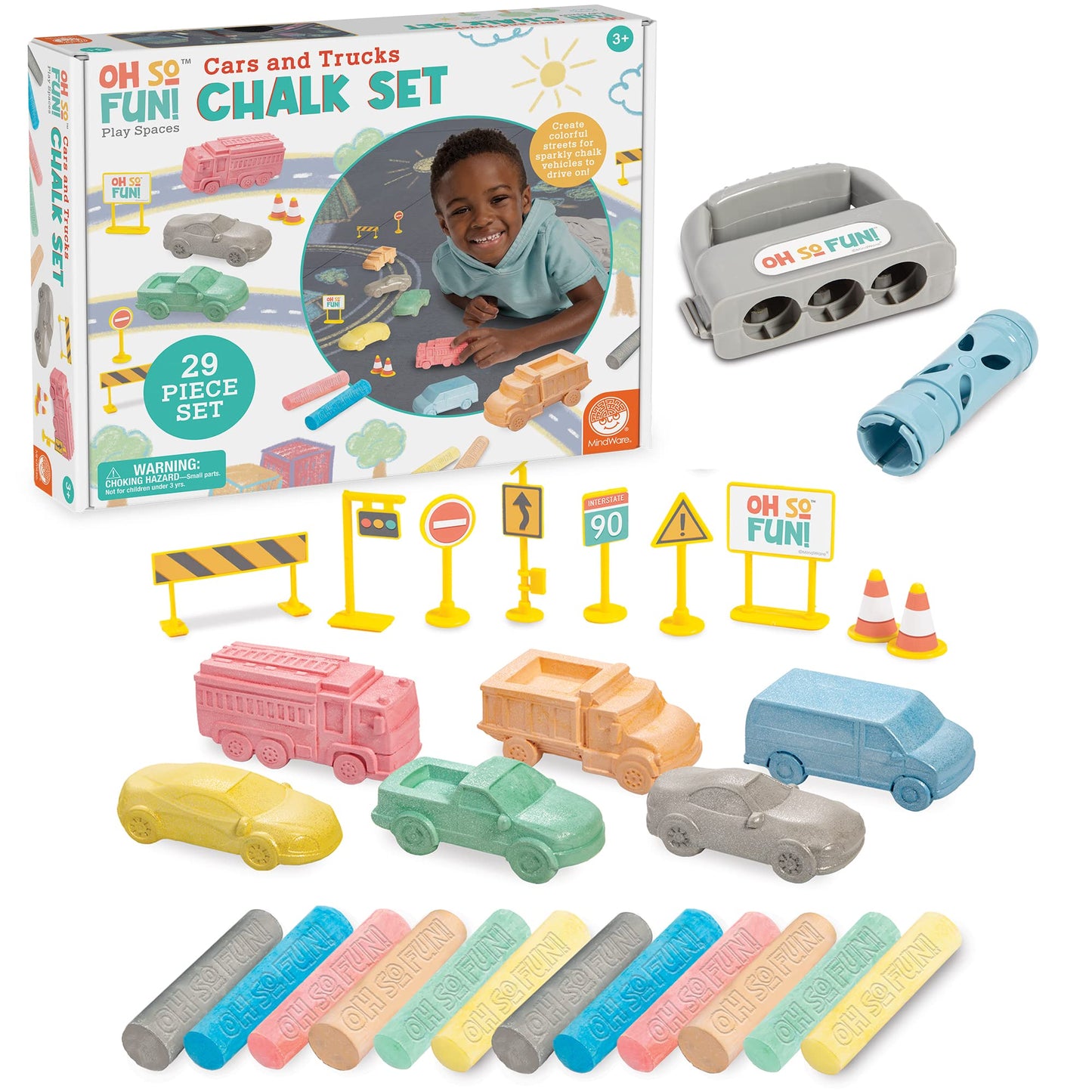 MindWare Oh So Fun! Cars and Trucks Sidewalk Chalk Set - Great Chalk For Toddlers Including Chalk Holders For Kids Ages 3+