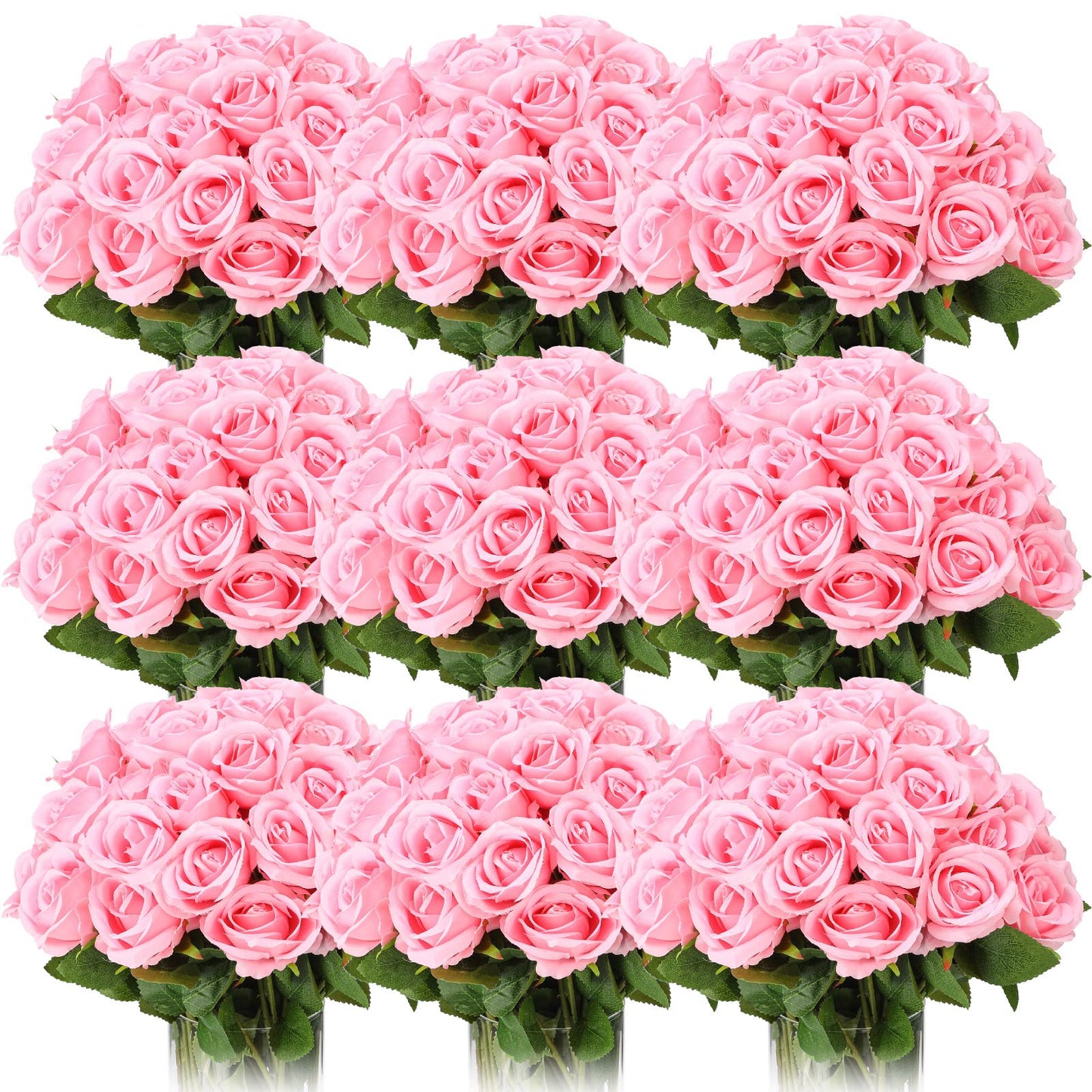 Jexine 100 Pieces Artificial Roses Flowers Bulk, Long Stem Realistic Fake Silk Roses Bouquet for Table Centerpiece Vases Wedding Party Home Kitchen Decor (Pink)