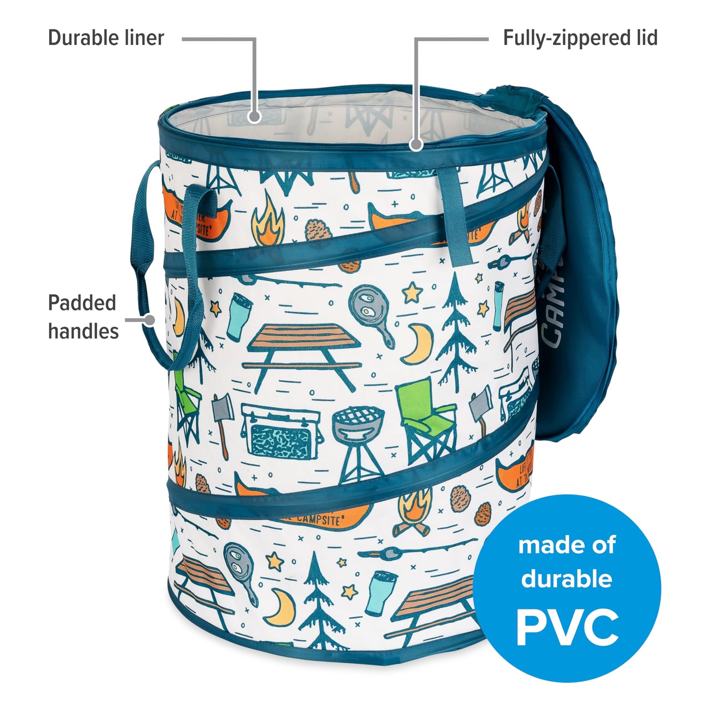Camco Pop-Up Utility Container - Use as Collapsible Trash Can When Camping - Holds 30-Gallon Kitchen-Size Trash Bags - Stands 2-Ft Tall & Collapses for RV Storage and Organization (42997)