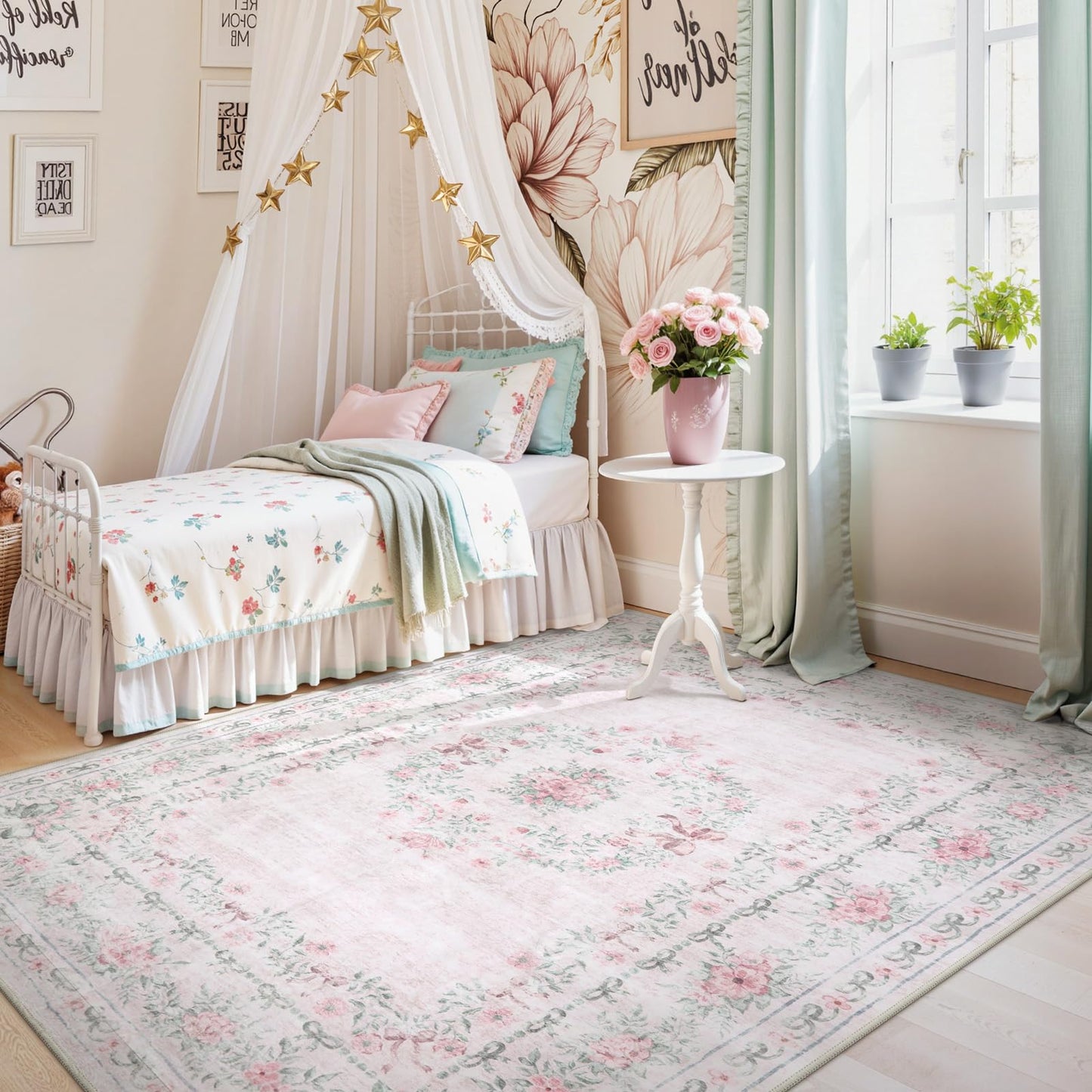 Wonnitar Floral Bow Pink Rug for Bedroom, Washable 5x7 Area Rug for Girls Nursery, Ultra-Thin Non Slip Soft Boho Carpet for Kids Room Dorm Living Room, Light Pink