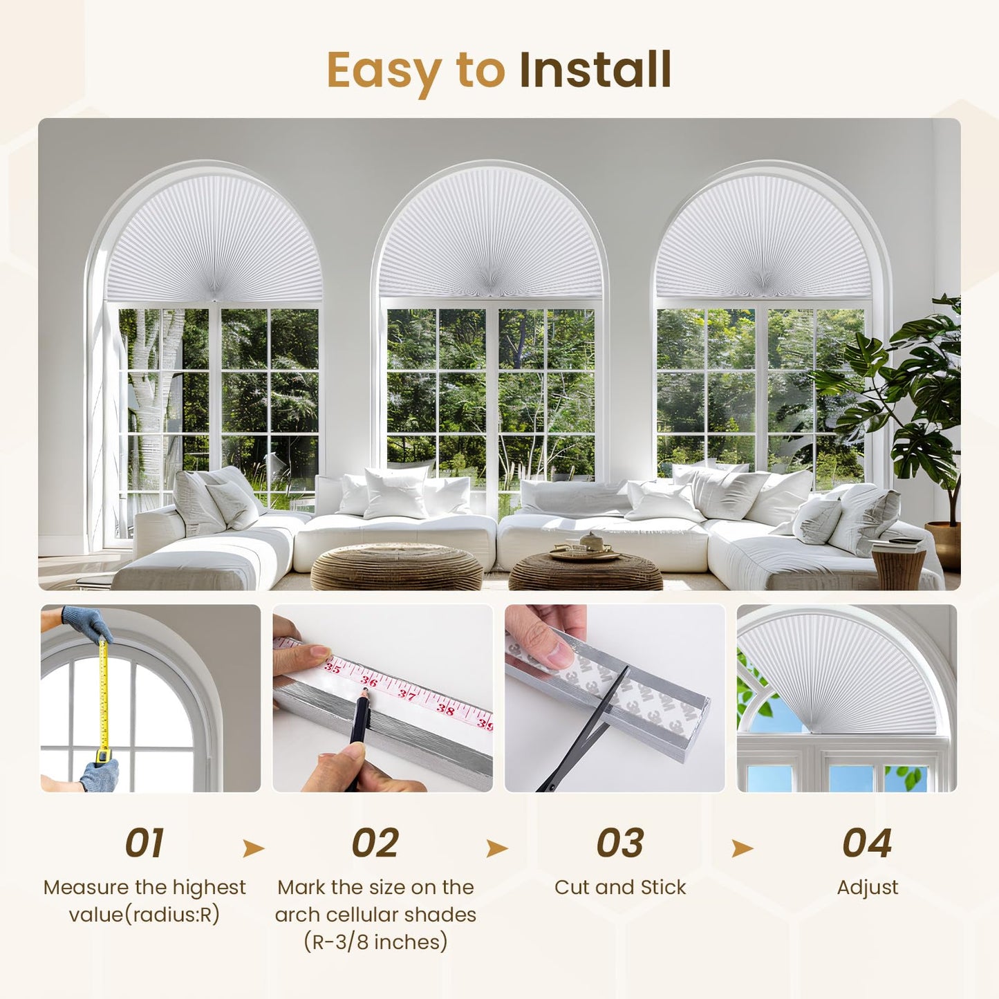 Grandekor Half Circle Arch Window Shade Blackout 72" Wx36 H No Drill Honeycomb Blinds for Kitchen Nursery Living Room Bedroom Easy Install Cellular Shades White