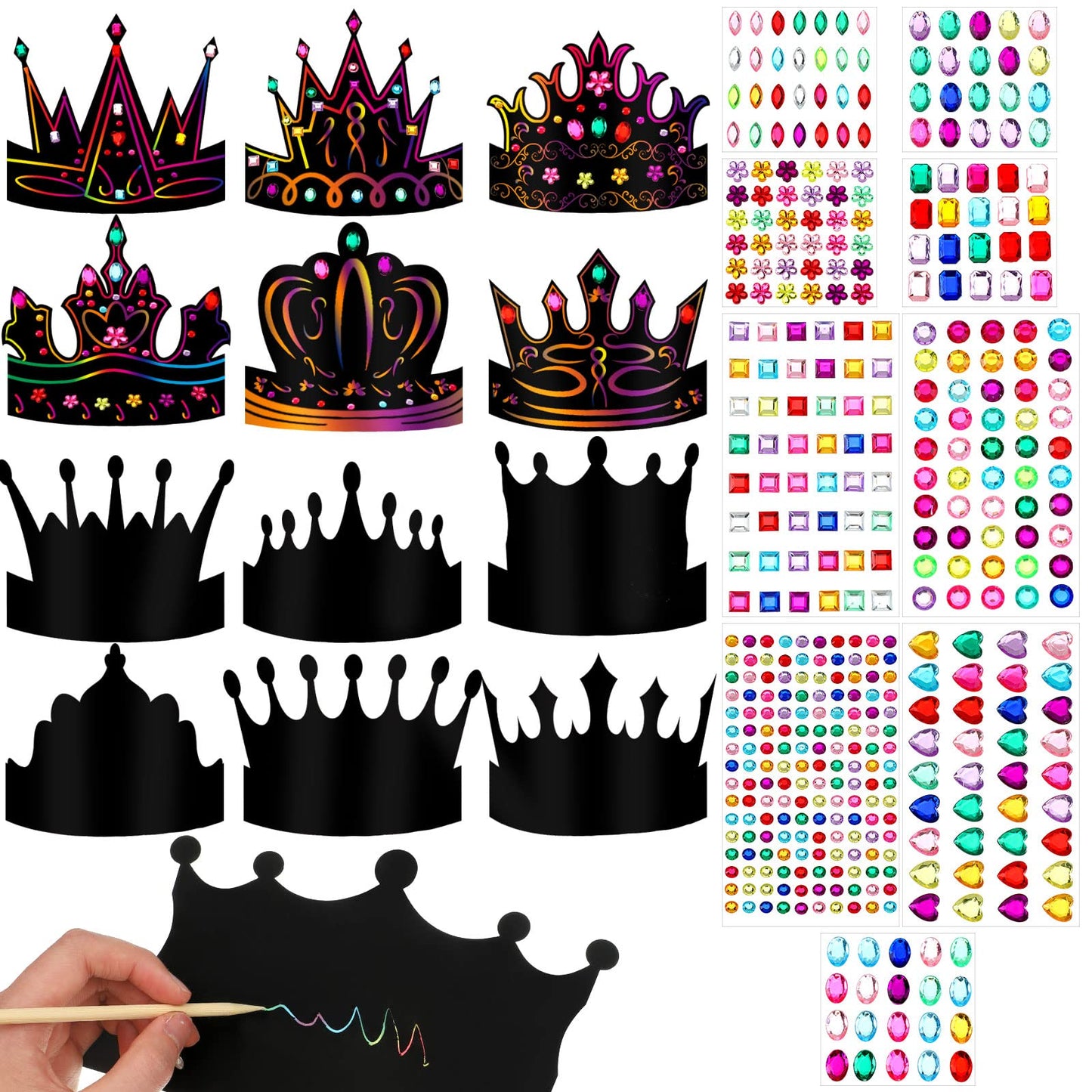 Yinder 130 Pcs Crafts Crowns Set 48 Pcs Scratch DIY Paper Crowns with Rainbow Color Crown Headband Hats 24 Pcs Wooden Styluses 48 Pcs Elastic Bands 10 Sheet Colorful Gem Jewels Stickers for Girls Boys