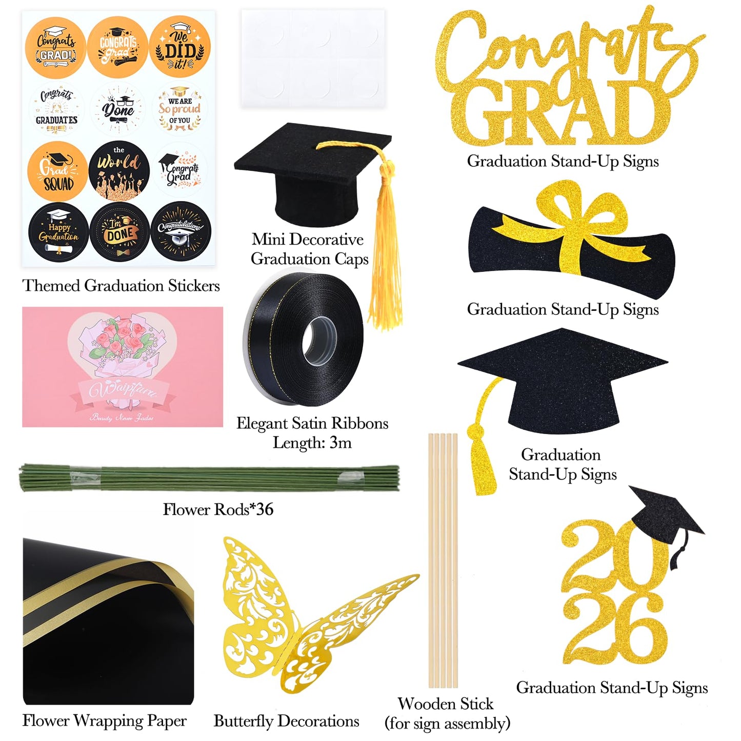 Waipfaru 2026 Graduation Gift for Her, Glitter Roses Bouquet for Graduation, DIY Fake Flowers Bouquet with Graduation Stand-Up Signs, 36 Blue Roses, for High School/College/Middle School Grads
