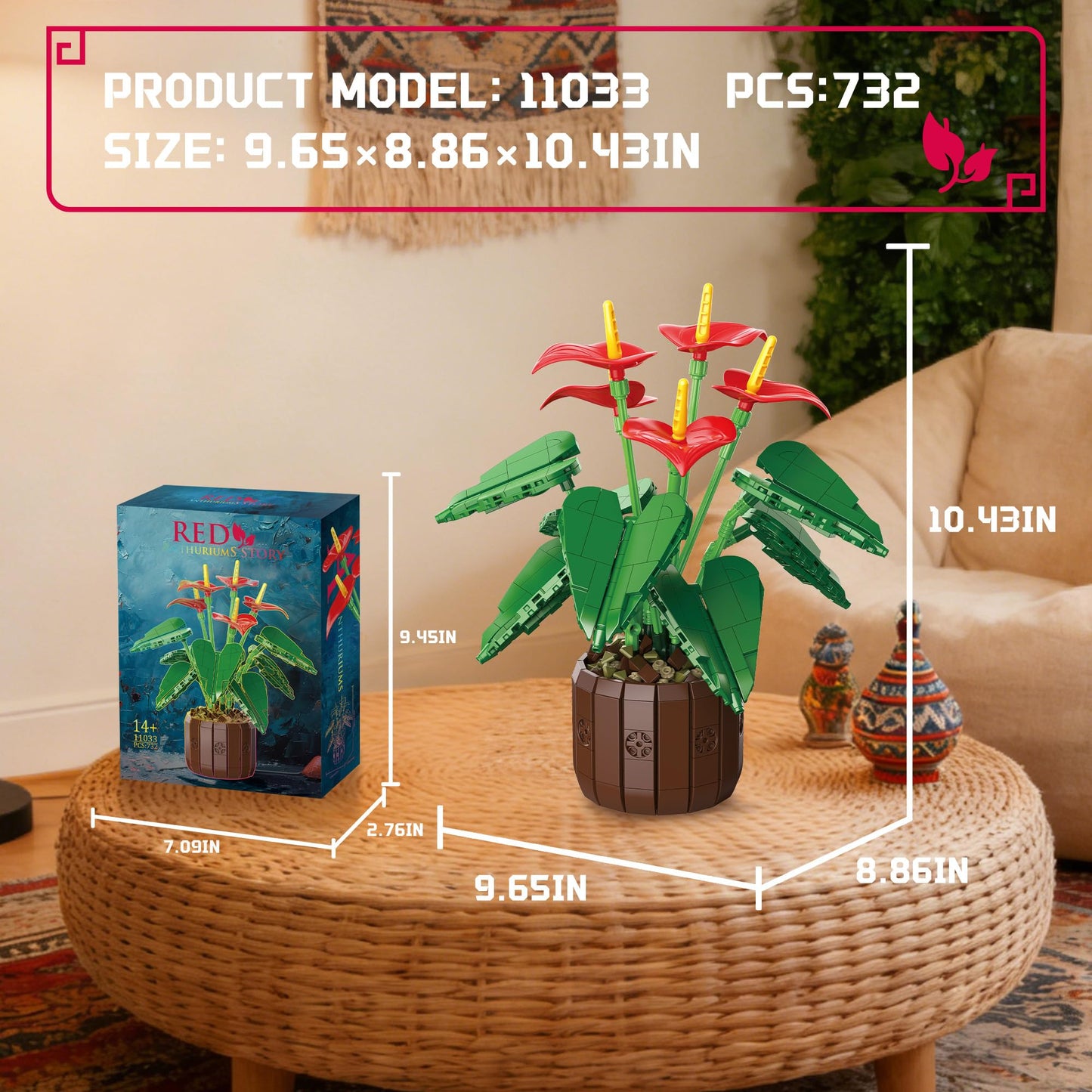 ZONECYTD Flowers Botanicals Anthurium Building Set, Artificial Plants Bonsai Collection for Women Adults 732pcs