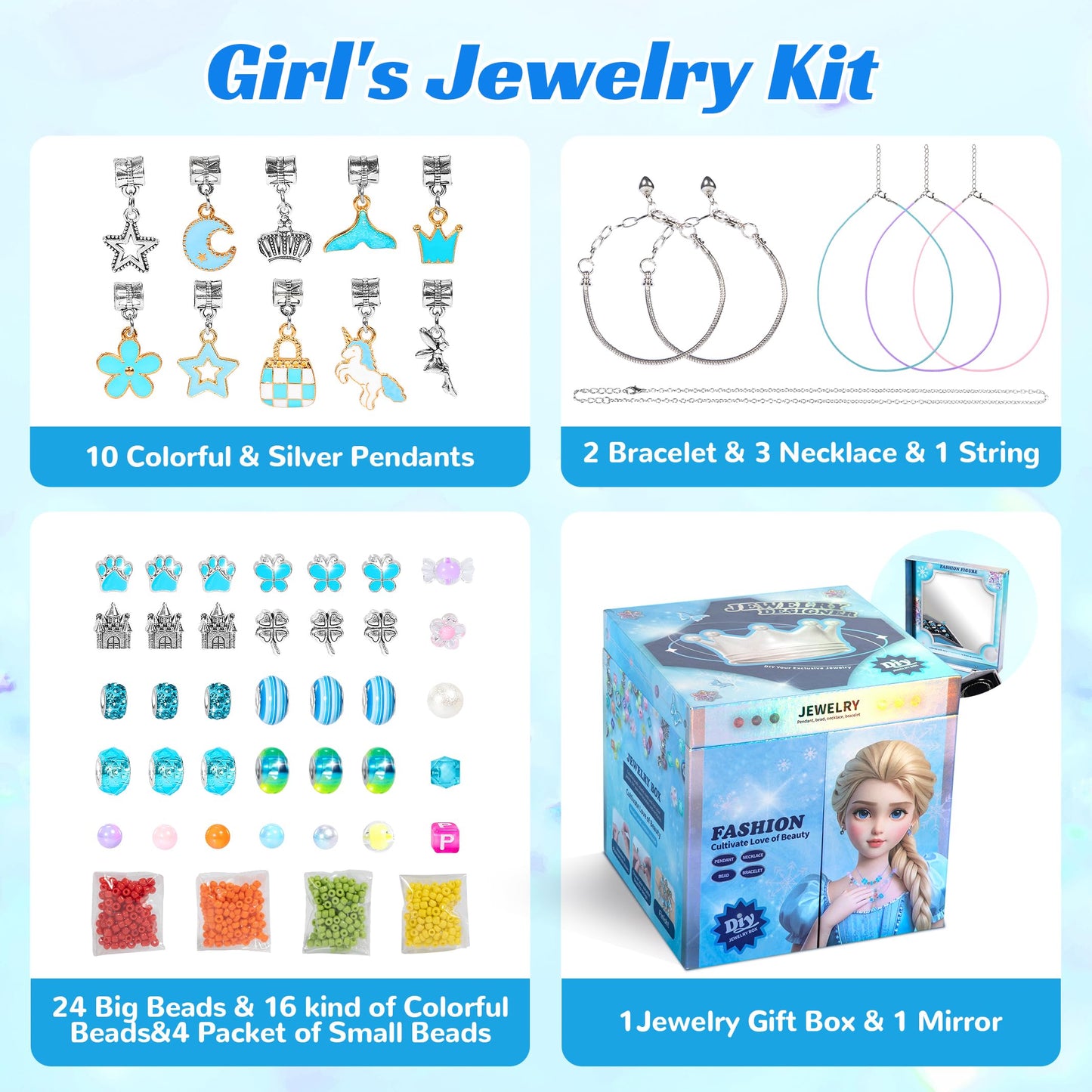 WOANZZ Charm Bracelet Making Kit, DIY Jewelry Making Kits for Girls 8-12, Jewelry Box with Beads Necklace Kit Crafts Birthday for 6 7 8 10 11 12 Year Old Girl, Blue