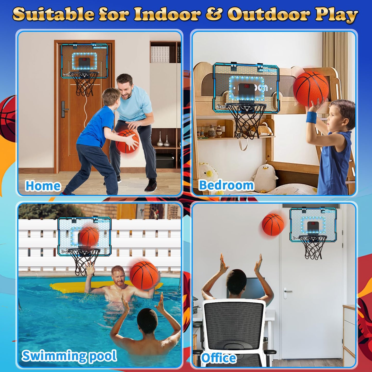 Toys for Boys, Indoor Basketball Hoop for Kids Age 5-10, with Electronic Scoreboard & 3 Balls - Over The Door Mini Hoop for Boys' Birthday