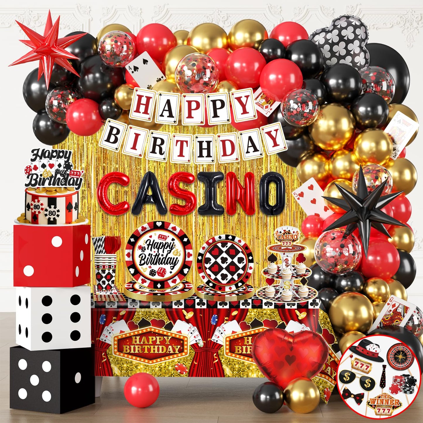 337Pcs Vegas Themed Party Decorations Serves 25, Casino Theme Party Supplies with Banner, Dice Boxes, Cupcake Stand, Photo Booth Props and Balloons for Poker Party Decorations and Game Night