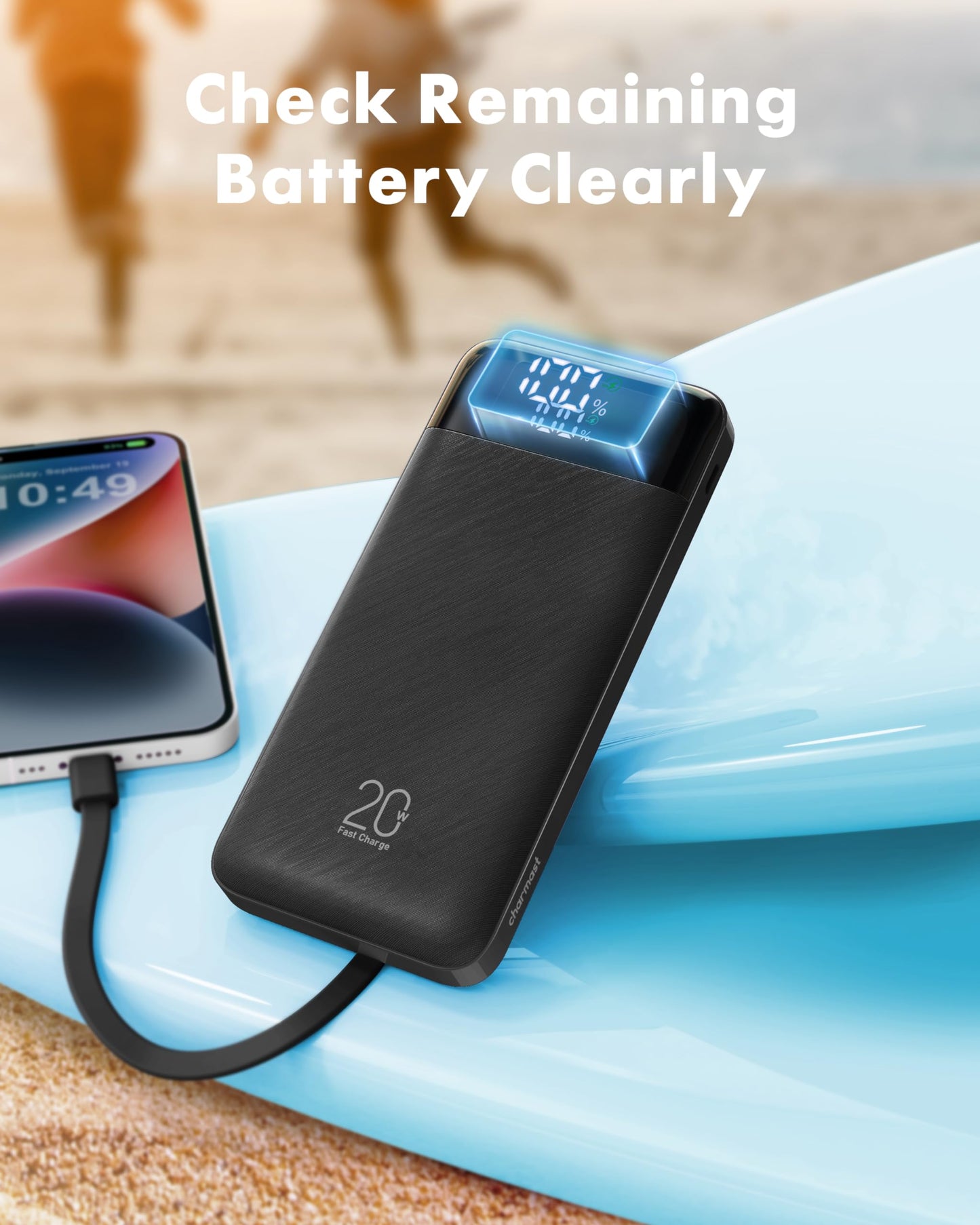 Charmast Power Bank 20000mAh, 20W Fast Charging Portable Charger with Built-in Cables, USB C Battery Pack, Slim Portable Phone Charger Backup Battery for iPhone, Samsung, iPad, More Phones, Tablets