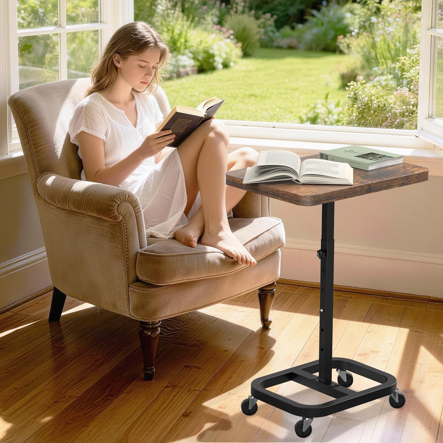 alentar Adjustable Height Mobile TV Tray Table with Wheels, Portable Rolling Desk, and Laptop Table for Eating on Couch or Sofa, Featuring Upgraded Alloy Steel Support and a Sturdy Quadrilateral Base