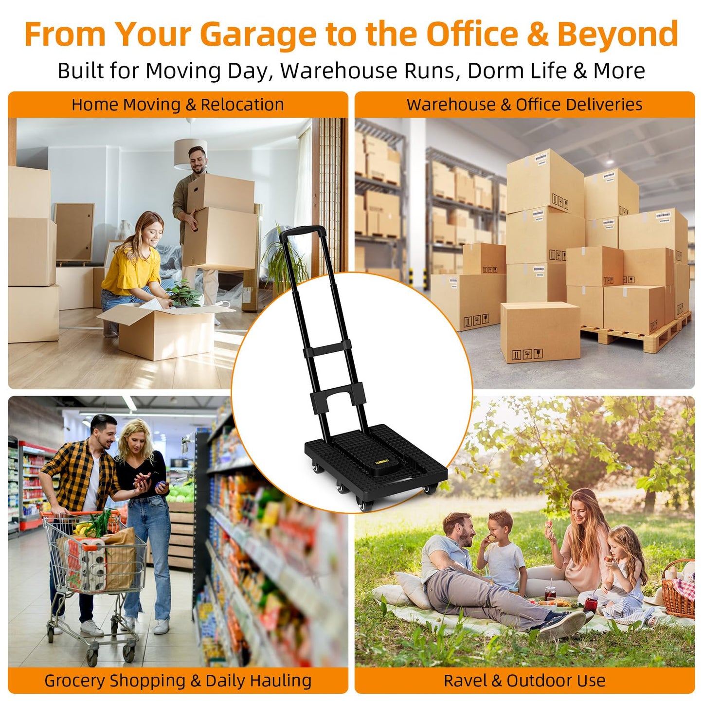 TROOZY Dolly Cart with 6 Wheels 440lbs, Folding Hand Truck with Upright Lock and 2 Elastic Straps, Extendable Heavy Duty Utility Cart for Luggage, Airport, Office & Dorm, Carrito de Carga
