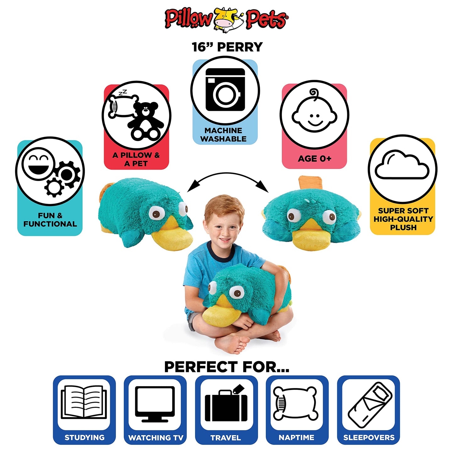 Pillow Pets Authentic Disney 18-Inch Perry, Folding Plush Pillow-Large