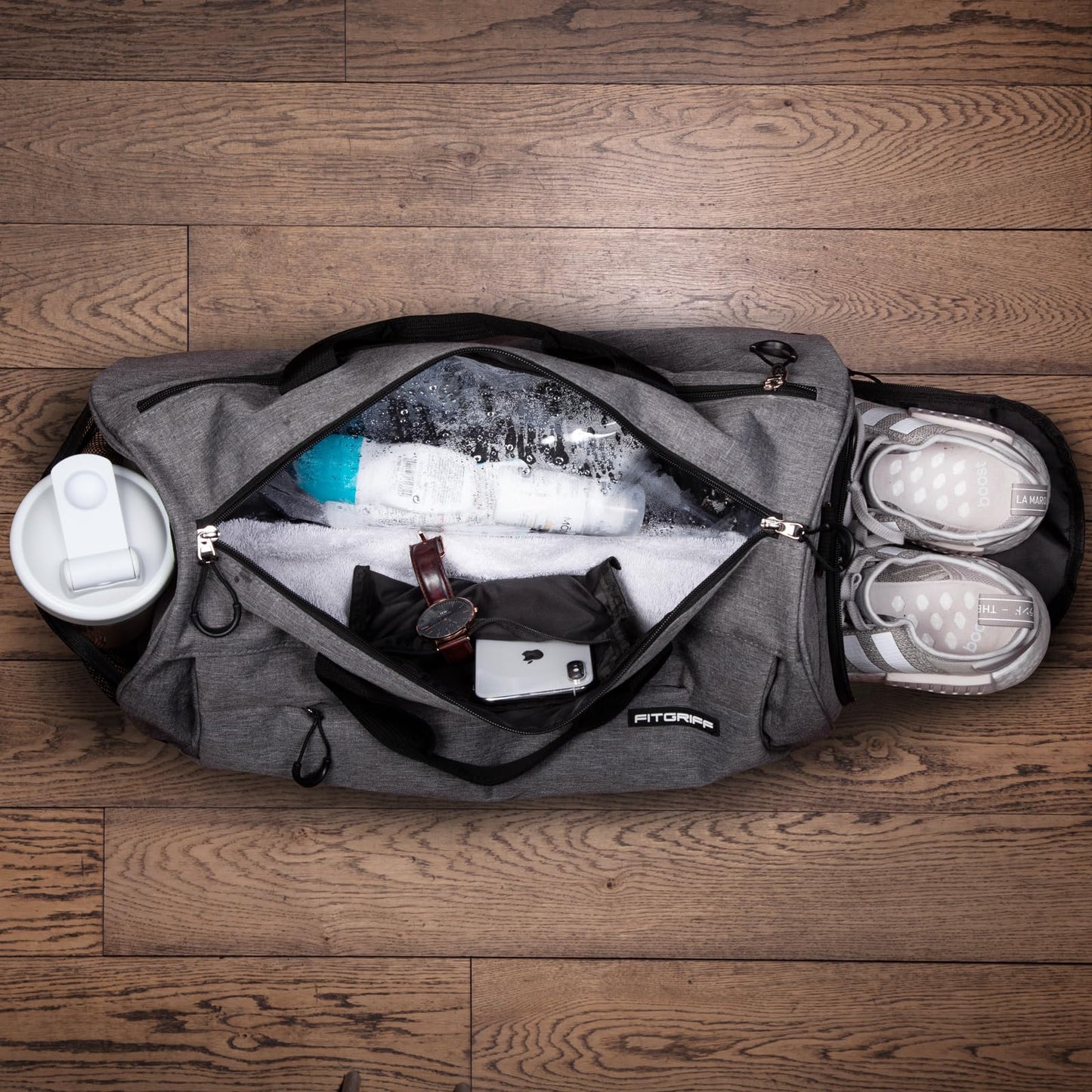 Fitgriff® Gym Bag for Men & Women with Shoe & Wet Compartment - Duffle Bag for Travel, Sports, Fitness & Workout (Grey, 23 x 12 x 12″ (M))
