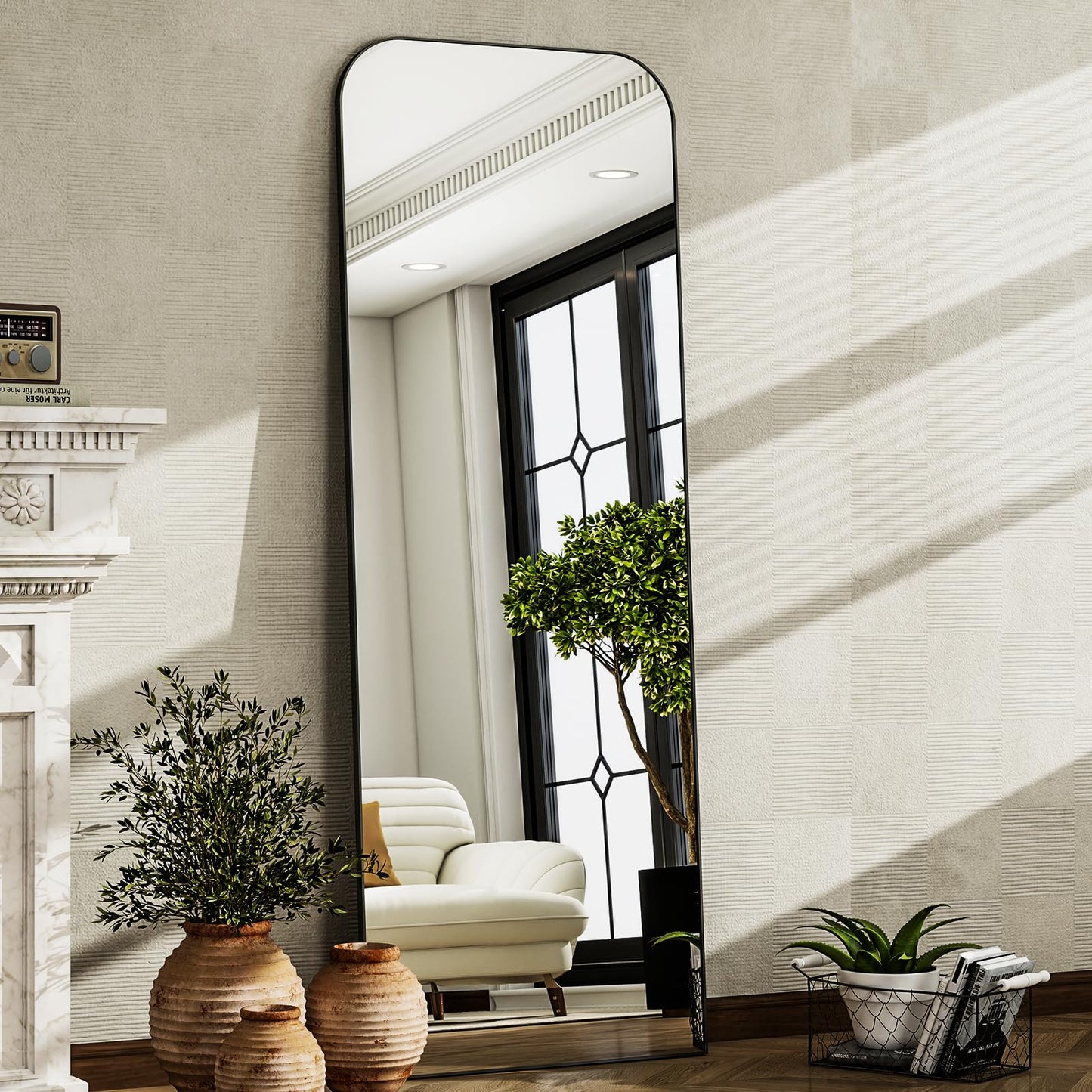 HARRITPURE 57"x20" Full Length Mirror, Black Rounded Corner Aluminum Frame Standing Mirror, Hanging/Leaning Wall Floor Mirror with Stand for Living Room Bedroom Cloakroom