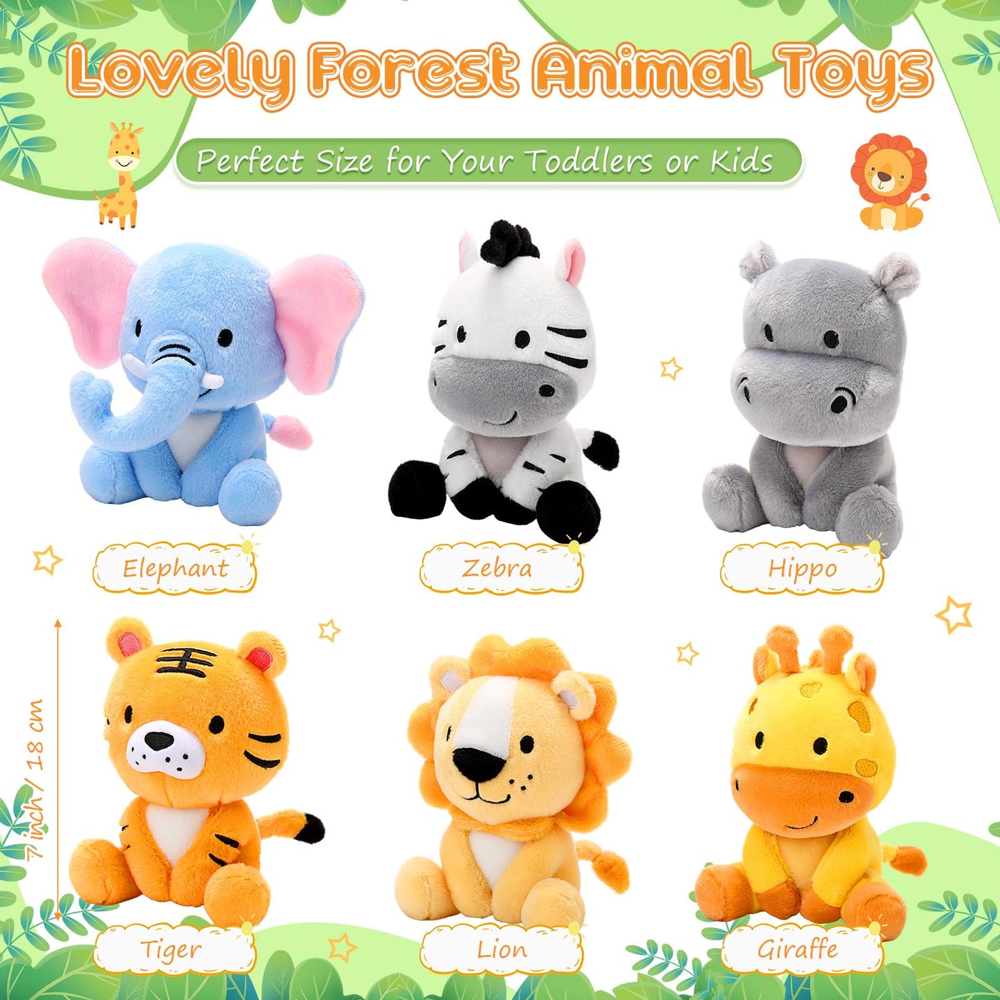 RoundFunny 6 Pcs Small Stuffed Safari Animals Bulk, 7 Inch Jungle Animals Stuffed Toys, Adorable Plush Lion Zebra Giraffe Tiger Hippo Elephant for Baby Shower Safari Jungle Themed Party Student Award