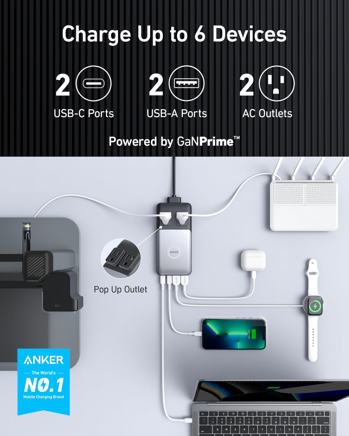 Anker 727 Charging Station (GaNPrime 100W), Compact Power Strip for Travel, Work, 5 ft Detachable Extension Cord with 2 Outlets and 4 USB Ports, for iPhone 14, Samsung, iPad, MacBook (Not a Battery)