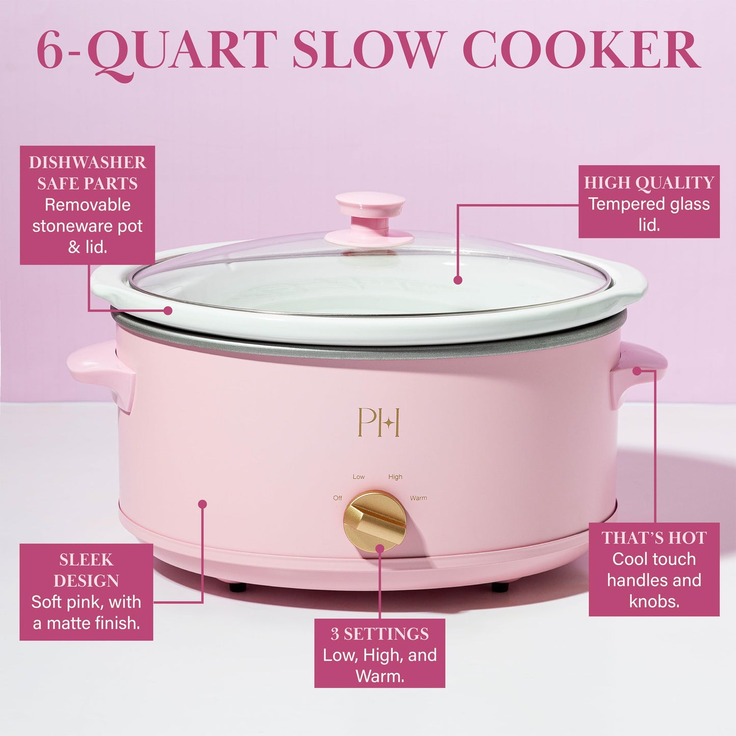 Paris Hilton 6-Quart Manual Slow Cooker, Naturally Nonstick Stoneware Ceramic Insert, Three Settings (Low, High, Warm), Dishwasher Safe Family Size Slow Cooker, Pink