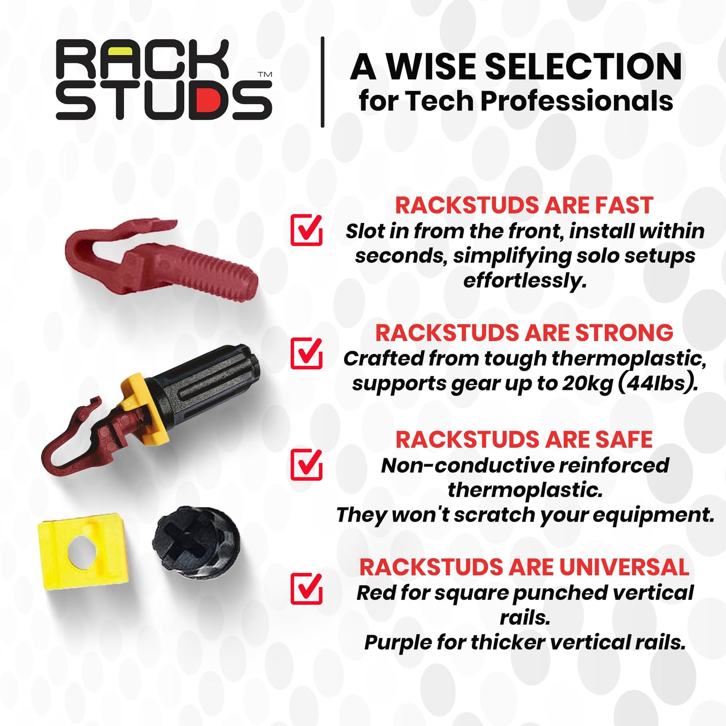 Rackstuds R100 II - Server Rack Screws for 19" Rails, Perfect Cage Nut Replacement, Rack Nuts - Red, 100-Pack, 2.22mm/0.086"