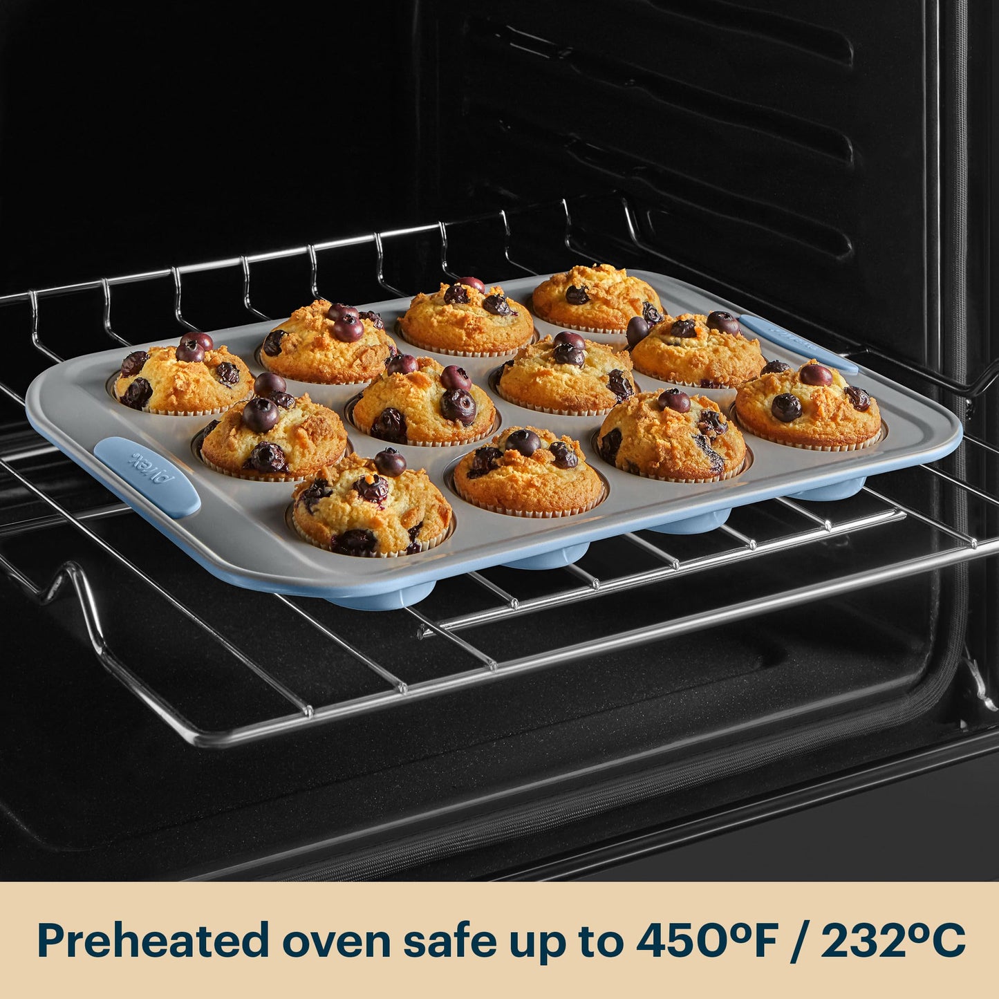 Pyrex 3-Piece Metal Cookie & Muffin Sheet Bakeware Set, Lightweight Stainless Steel Baking Trays with Heatsafe Silicone Handles, Cookie Muffin Sheet Baking Pan, Cerulean