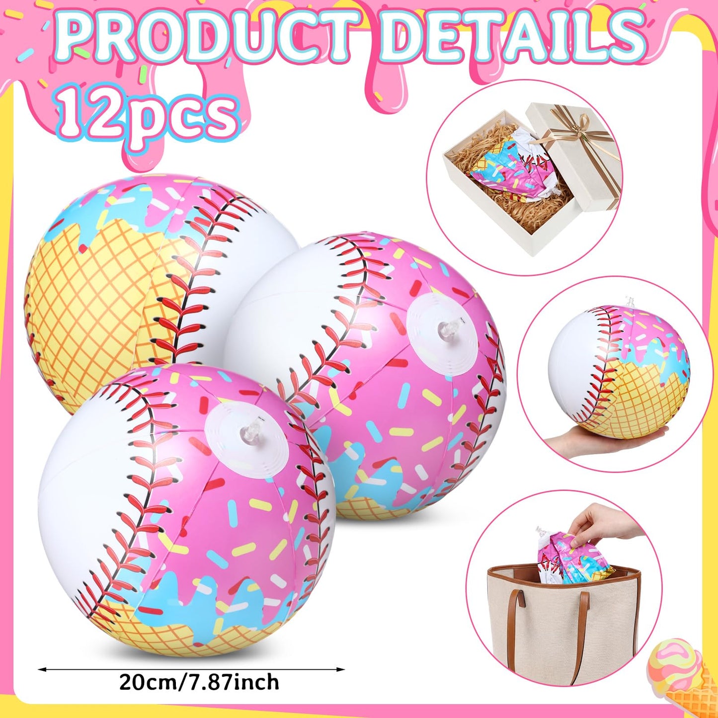 Teyva Daily 12 Pack Inflatable Ice Cream Drip Baseball Beach Ball 7.87 Inch Ice Cream Drip Beach Balls for Summer Outdoor Pool and Seaside Game Gifts Birthday Sports Baseball Party Supplies Favors