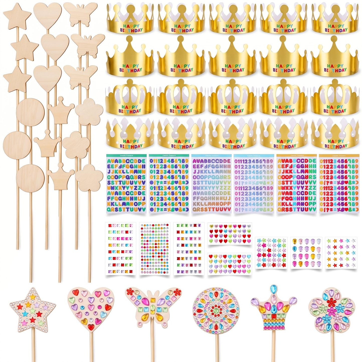 52pcs Princess Fairy Wands Kit,Make Your Own Princess Wand Include 18 Pieces 6 Styles Unfinished Wooden Princess Wand,Gold Paper Crowns, Gem Stickers, Letter and Number Stickers, Princess Art Magical