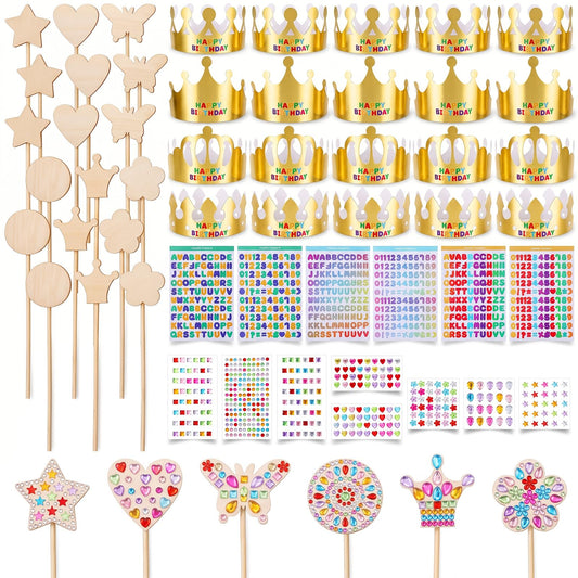 52pcs Princess Fairy Wands Kit,Make Your Own Princess Wand Include 18 Pieces 6 Styles Unfinished Wooden Princess Wand,Gold Paper Crowns, Gem Stickers, Letter and Number Stickers, Princess Art Magical