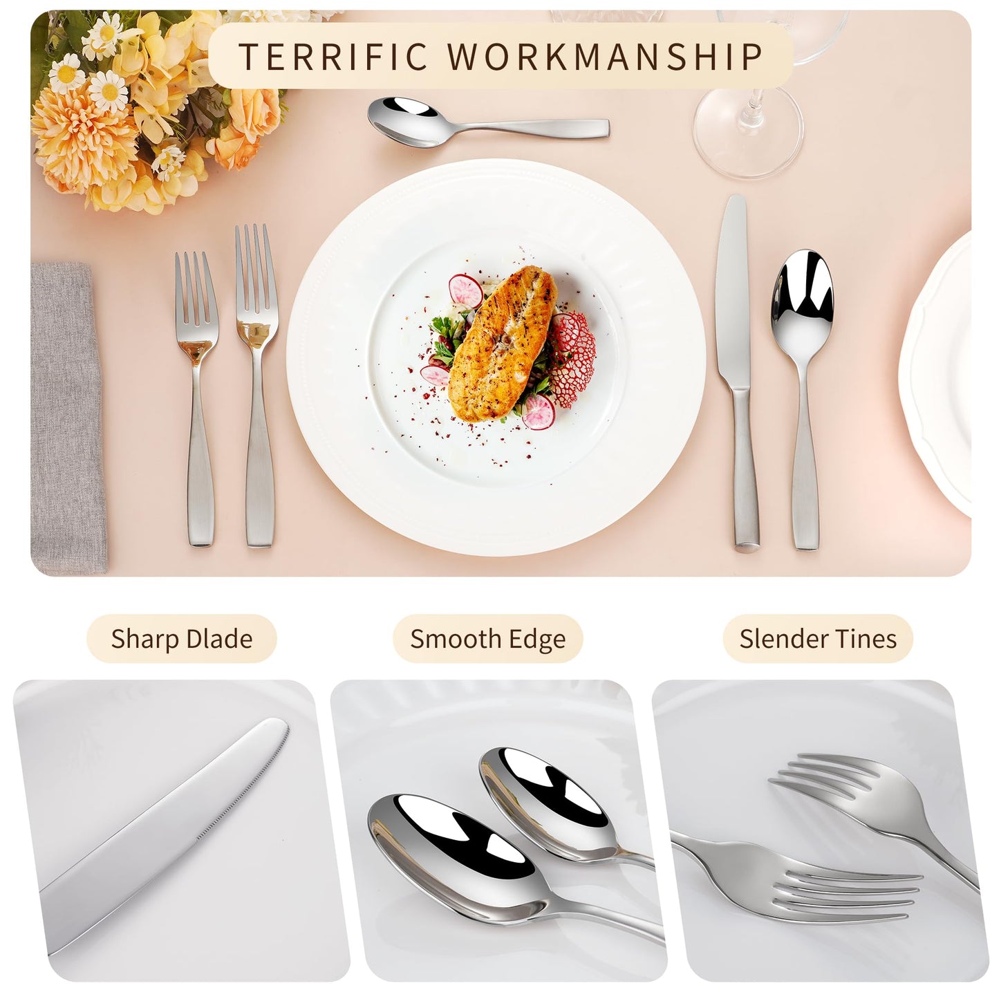 65-Piece 18/10 Stainless Steel Flatware Set for 12, Heavy Duty Silverware Set, Flatware Set with Serving Utensil, High End Mirror Polish and Satin Handle, Dishwasher Safe, Ideal for Gift